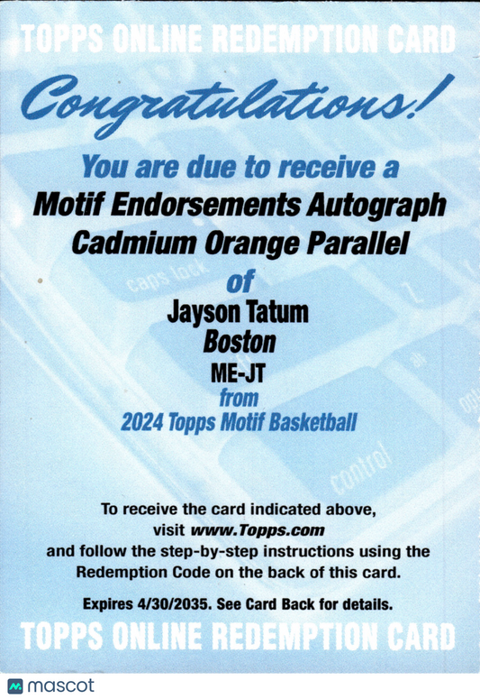 2024 Topps Motif Redemption Jayson Tatum #ME-JT Cadmium Orange Autograph