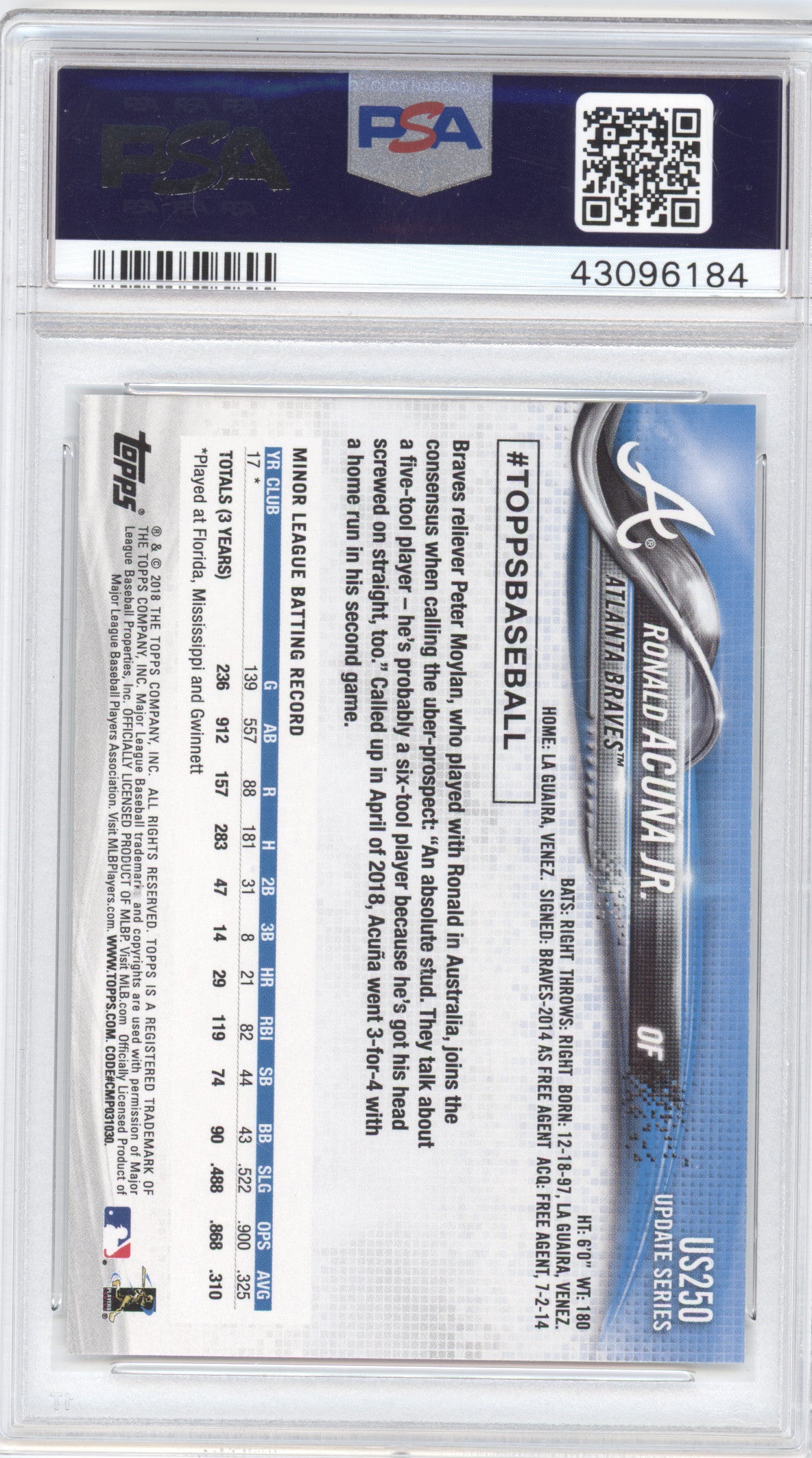 2018 Topps Update Ronald Acuna Jr. #US250 Red Blue Shirt RC PSA 10