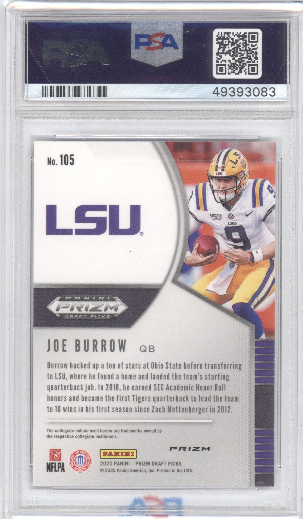 2020 Panini Prizm Draft Picks Joe Burrow #105 Purple PSA 10