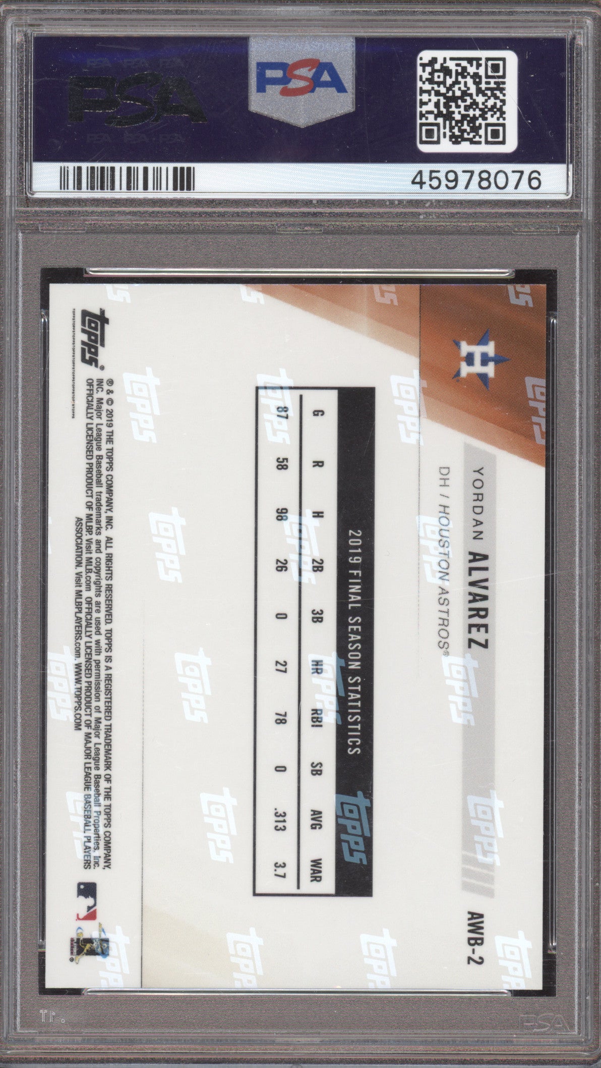 2019 Topps Now Award Winners Yordan Alvarez #AWB-2 Bonus PSA 10