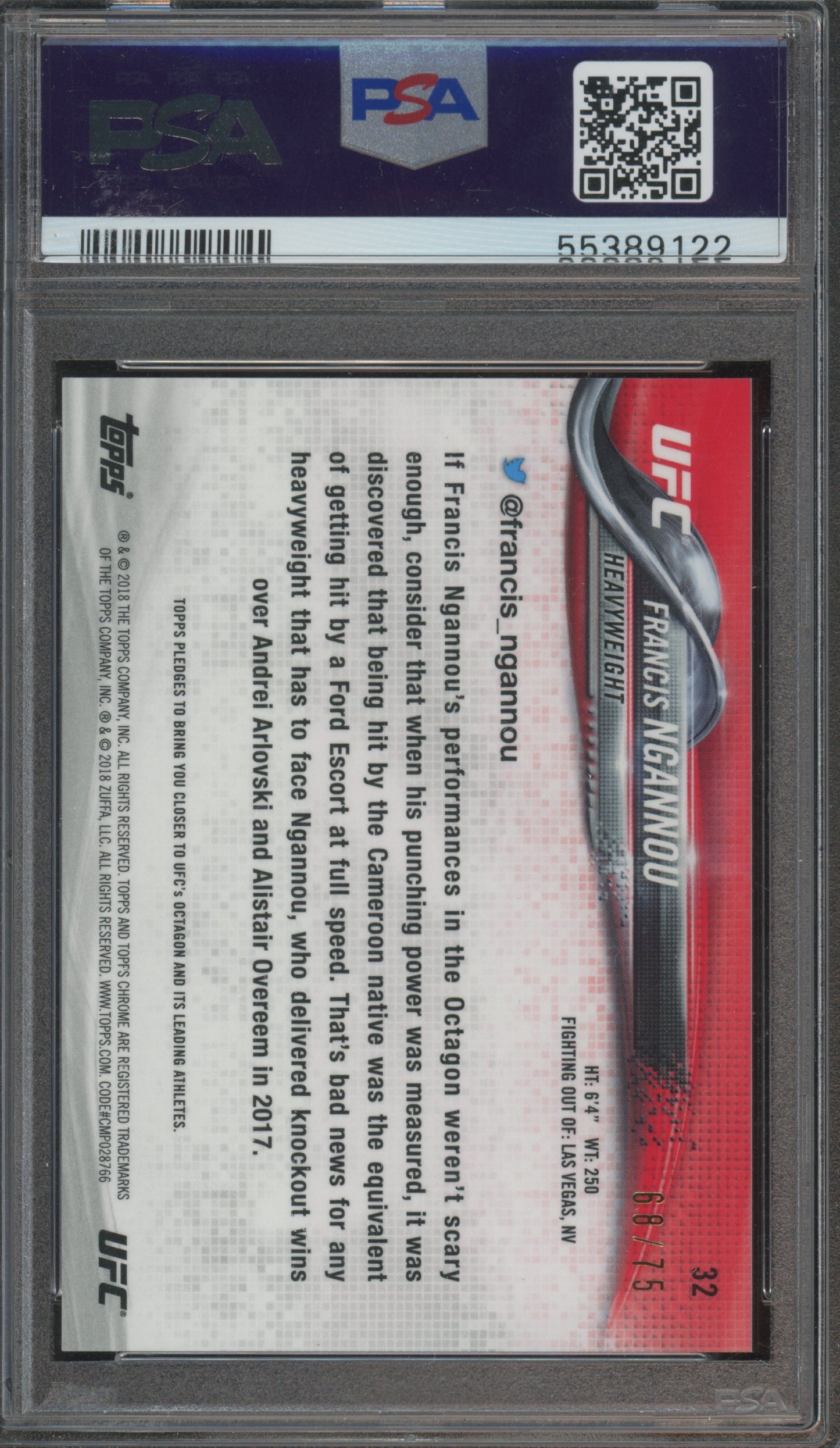 2018 Topps UFC Chrome Francis Ngannou #32 Blue Wave Refractor PSA 10