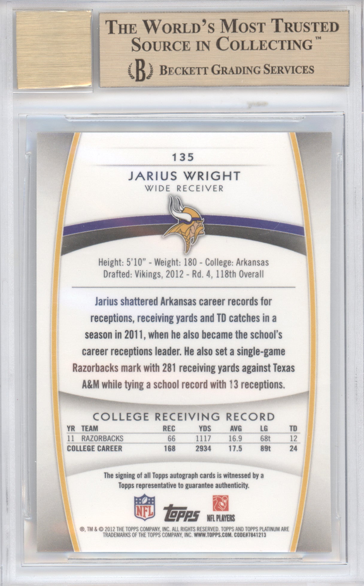 2012 Topps Platinum Rookie Autograph Refractor Jarius Wright 135 BGS 9.5 Auto 10