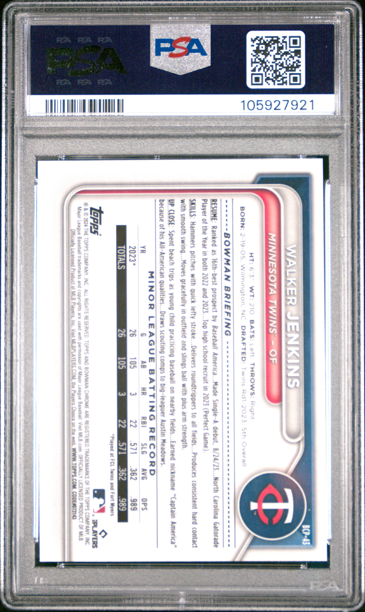 2024 Bowman Sapphire Edition Chrome Prospects Walker Jenkins #BCP43 PSA 10