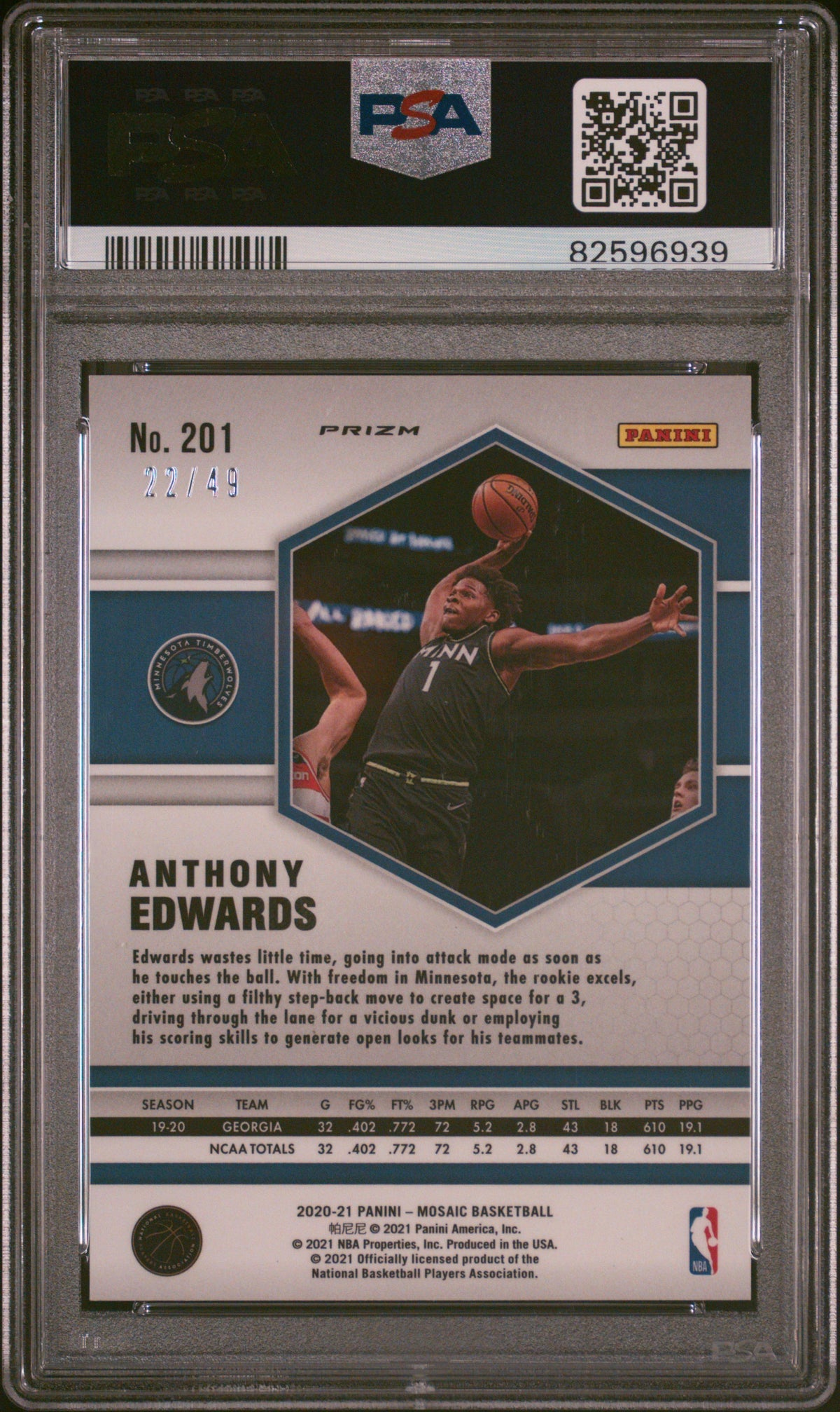 2020 Panini Mosaic Anthony Edwards #201 Purple 22/49 RC PSA 10