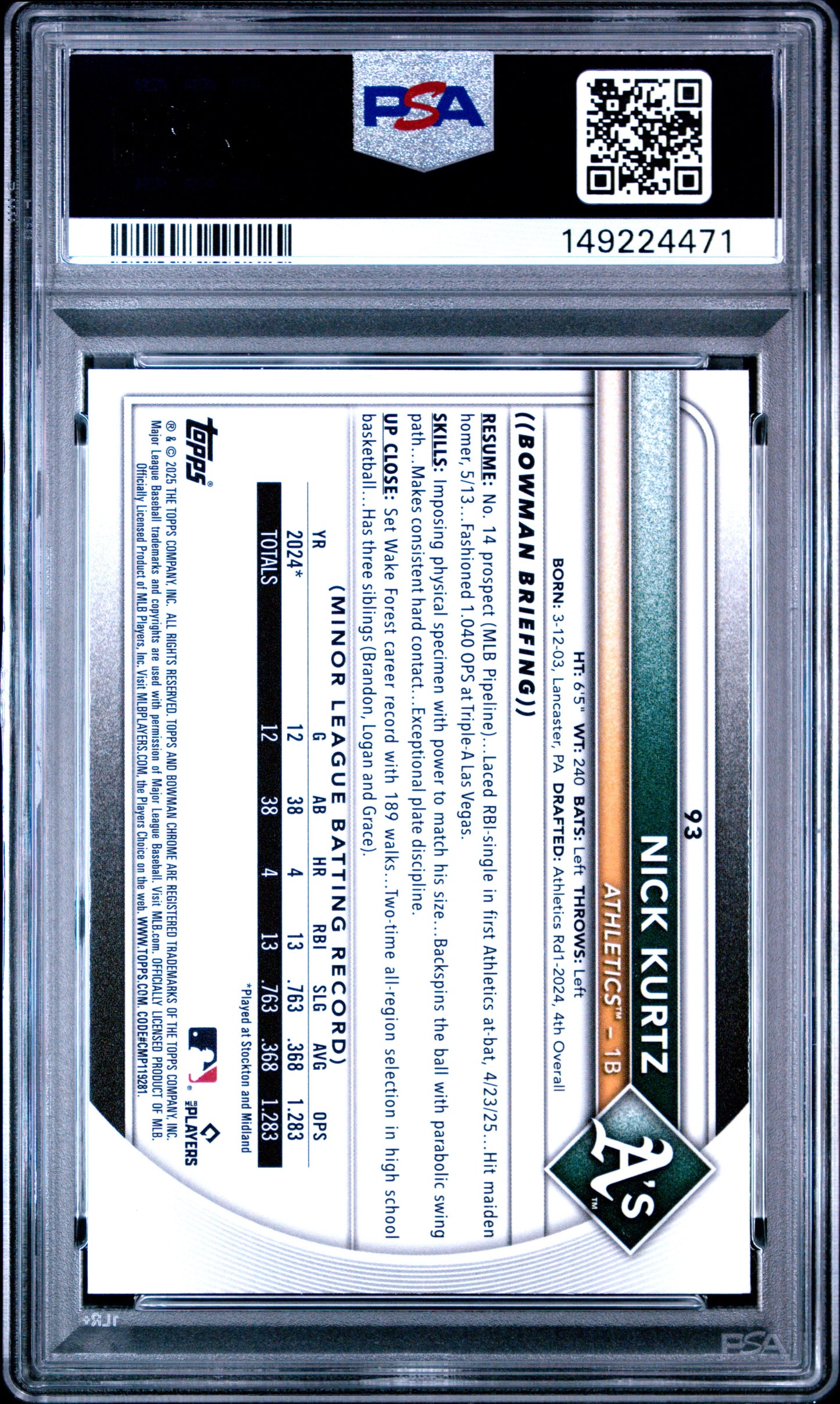 2025 Bowman Chrome Nick Kurtz #93 Red Rookie Redemption PSA 10