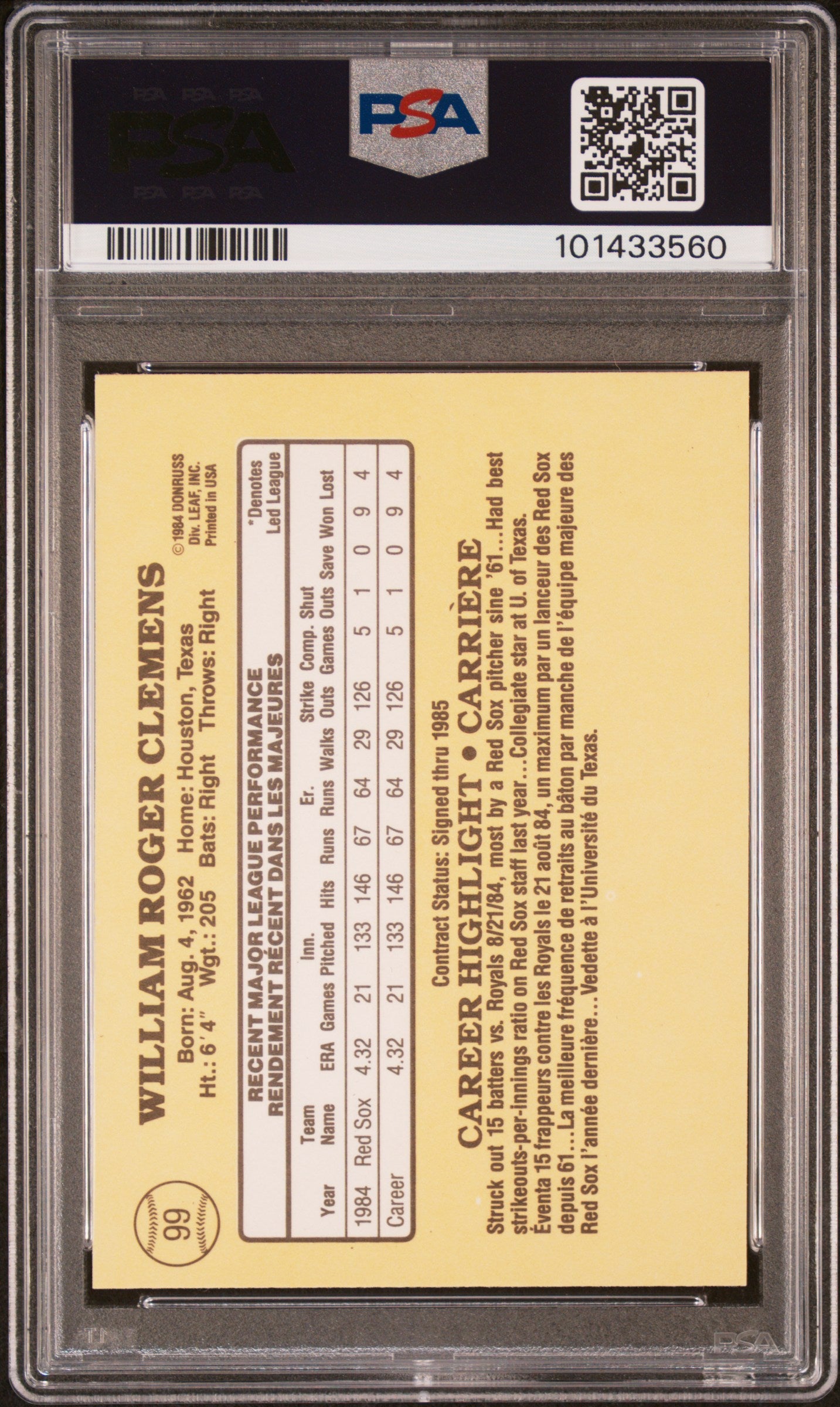 1985 Leaf Roger Clemens #99 PSA 8