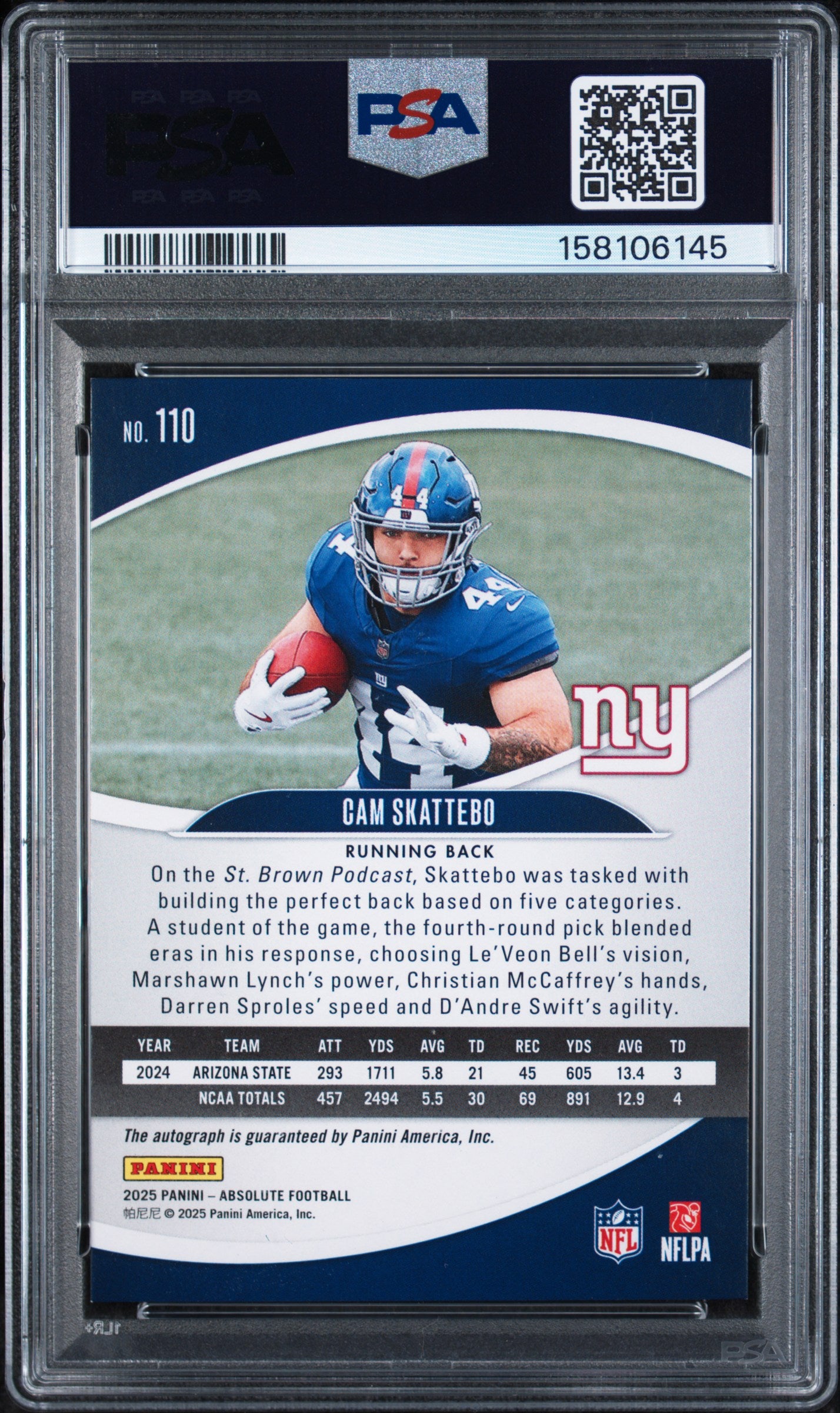2025 Panini Absolute Cam Skattebo #110 Signature Purple Rain 21/50 RC PSA 8