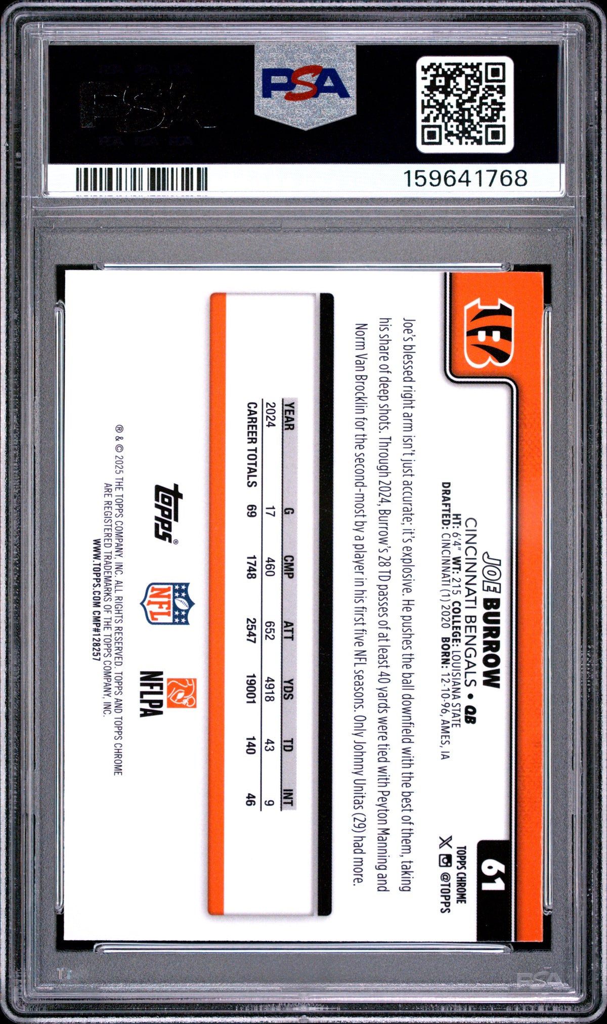 2025 Topps Chrome Joe Burrow #61 Purple Football Leather 58/75 PSA 8