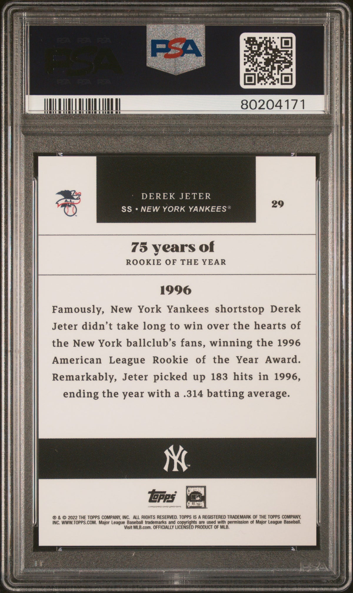 2022 Topps MLB Rookie Of The Year 75th Anniversary Derek Jeter #29 PSA ...