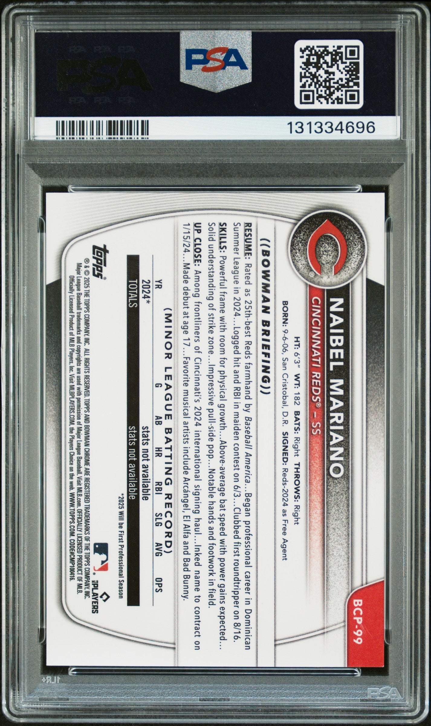 2025 Bowman Chrome Prospects Naibel Mariano #BCP99 Red Lava 5 / 5 PSA 9