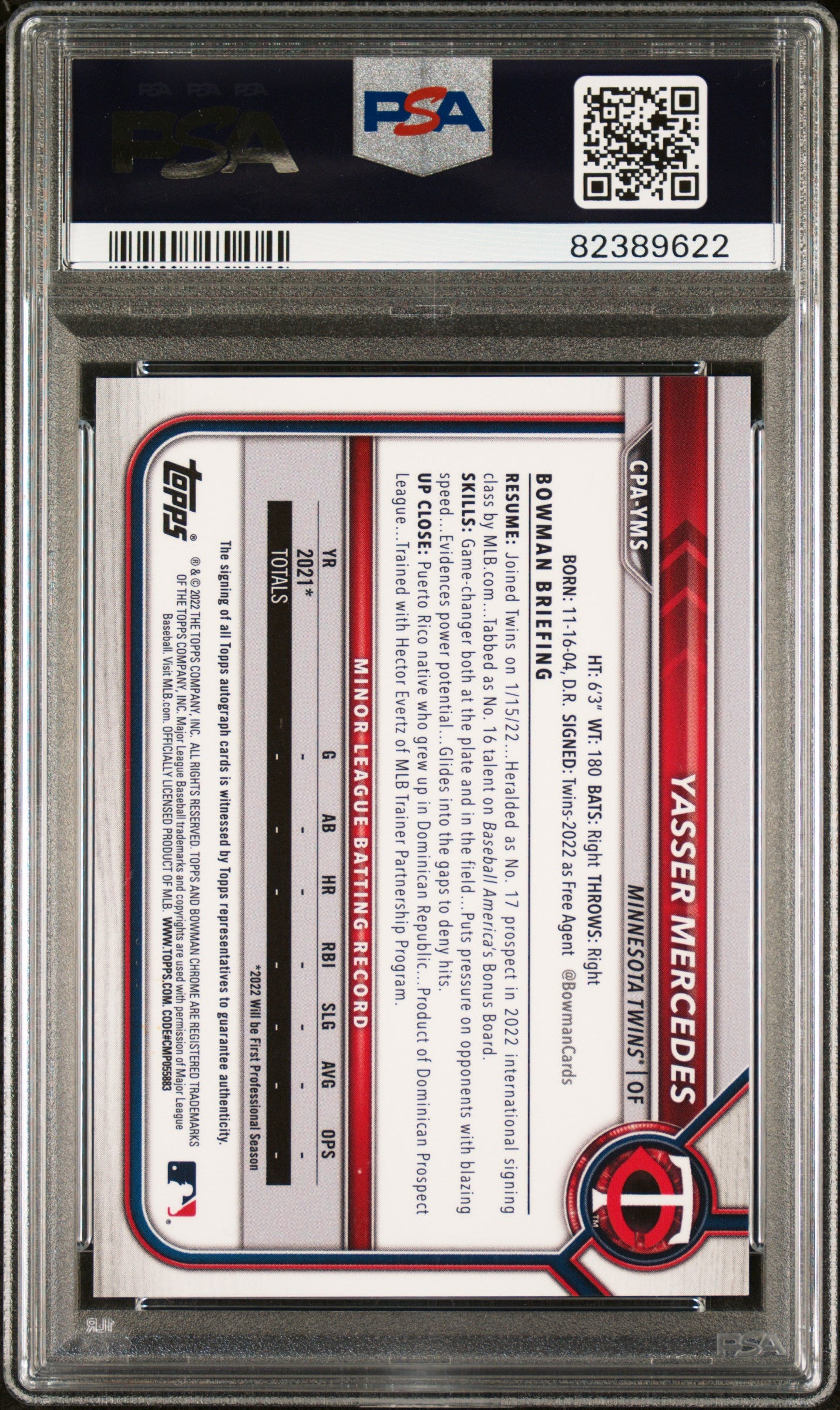 2022 Bowman Chrome Prospect Auto Yasser Mercedes #CPA-YMS Speckle 255/299 PSA 10