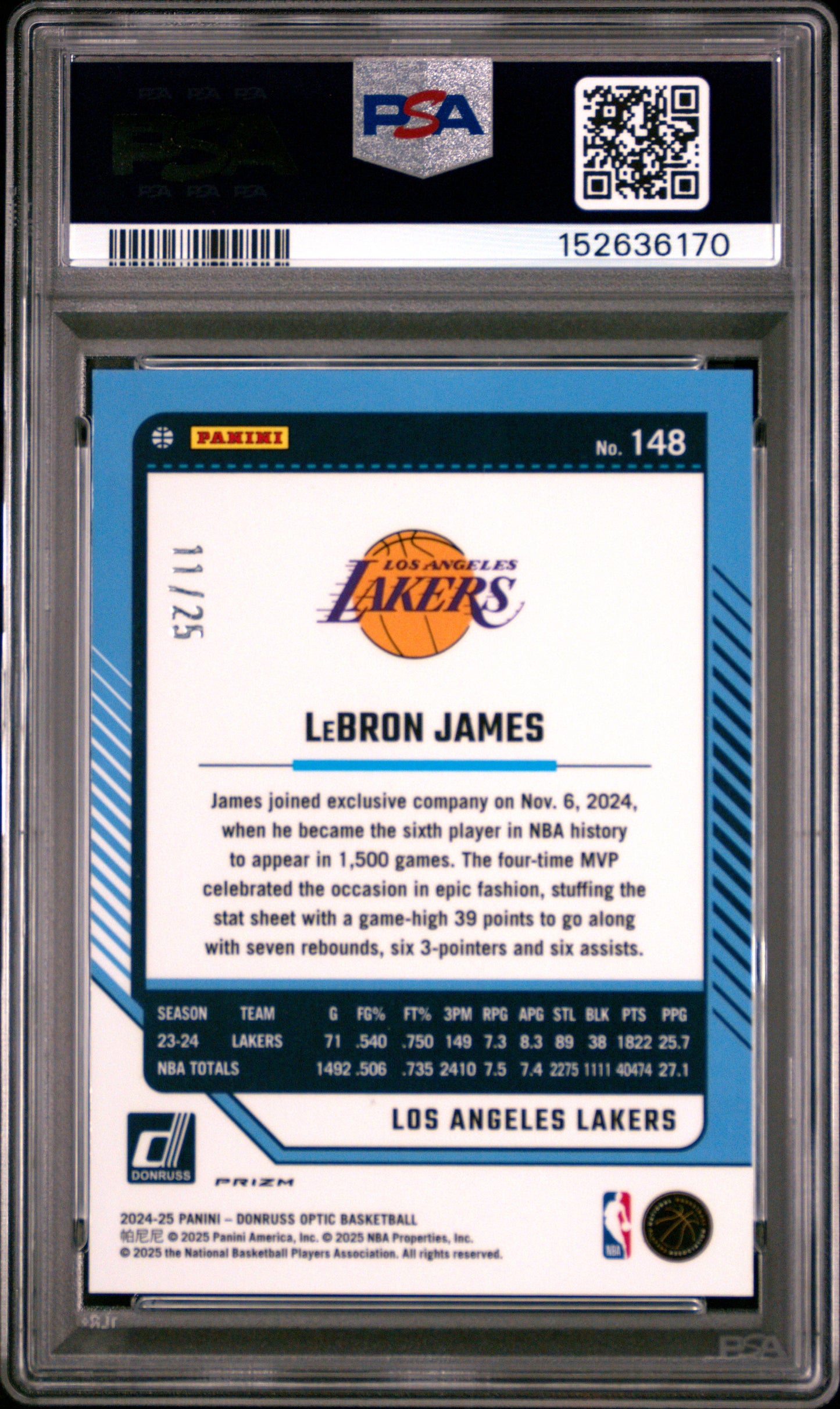 2024 Donruss Optic LeBron James #148 Pink 11/25 PSA 9