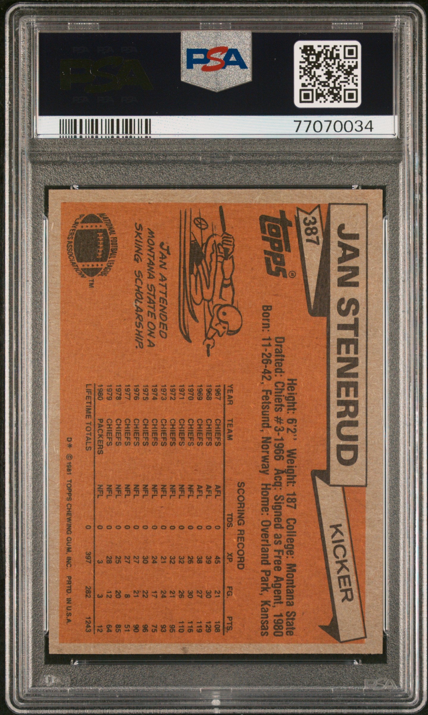 1981 Topps Jan Stenerud #387 PSA 8