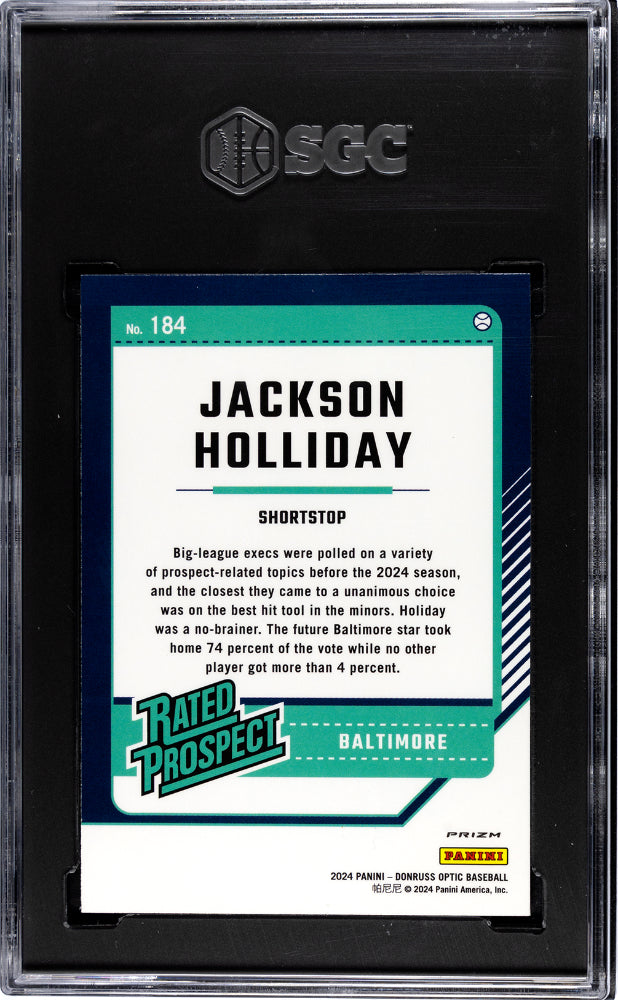 2024 Donruss Jackson Holliday #184 Optic Orange Velocity Prizm SGC 10
