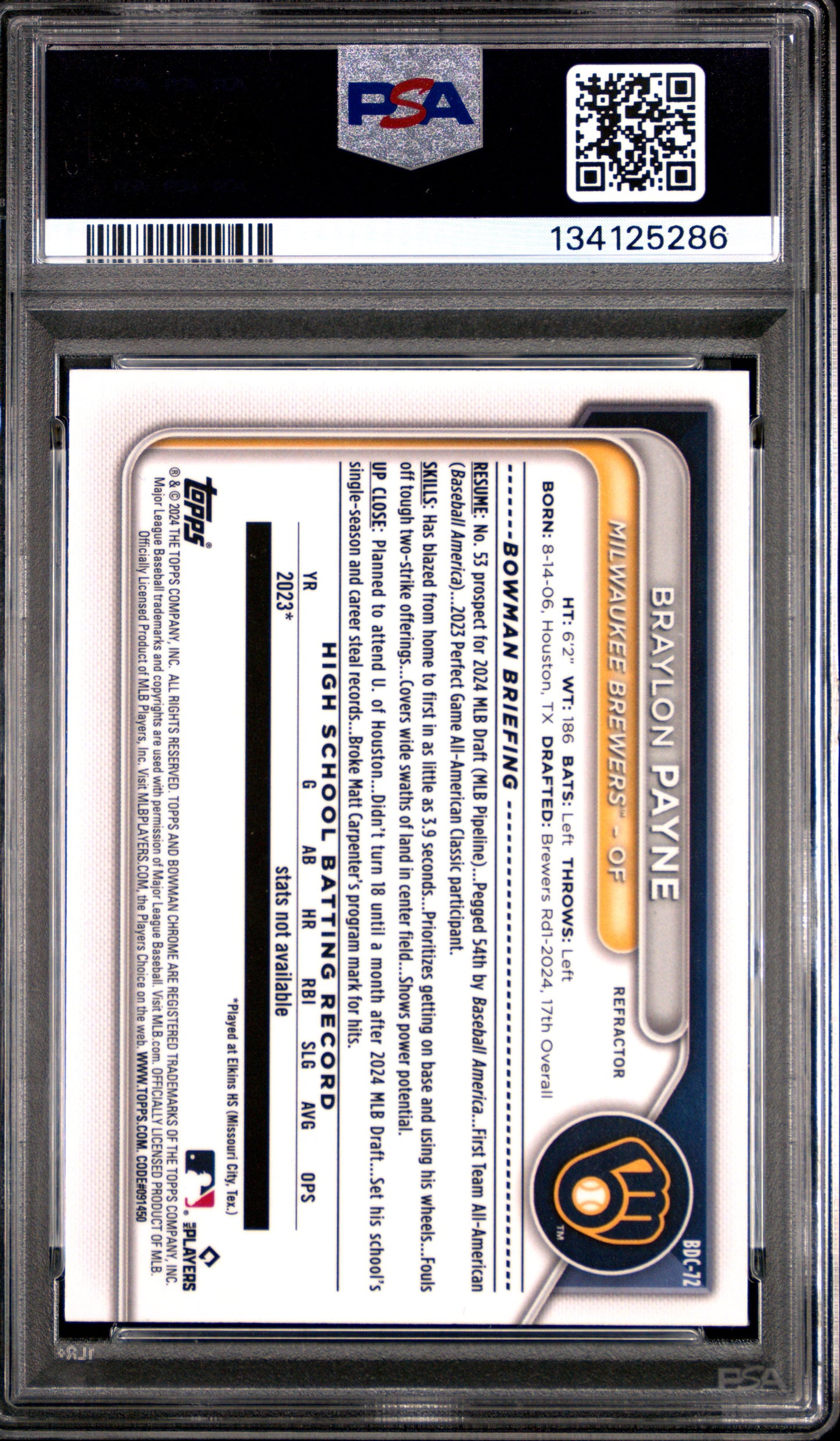 2024 Bowman Draft Braylon Payne #BDC72 Chrome Refractor PSA 10