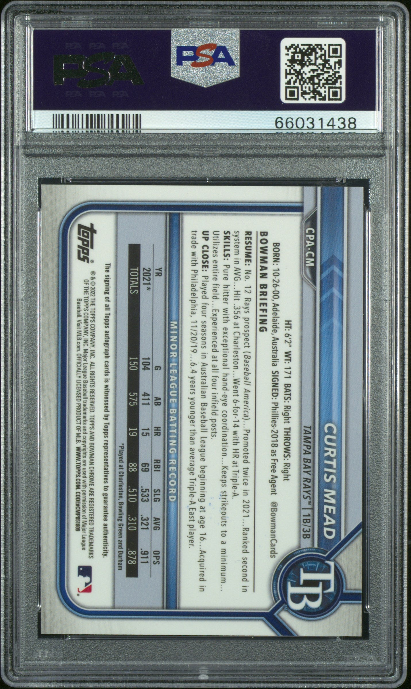 2022 Bowman Chrome Prospect Autographs Curtis Mead #CPACM Autograph PSA 9