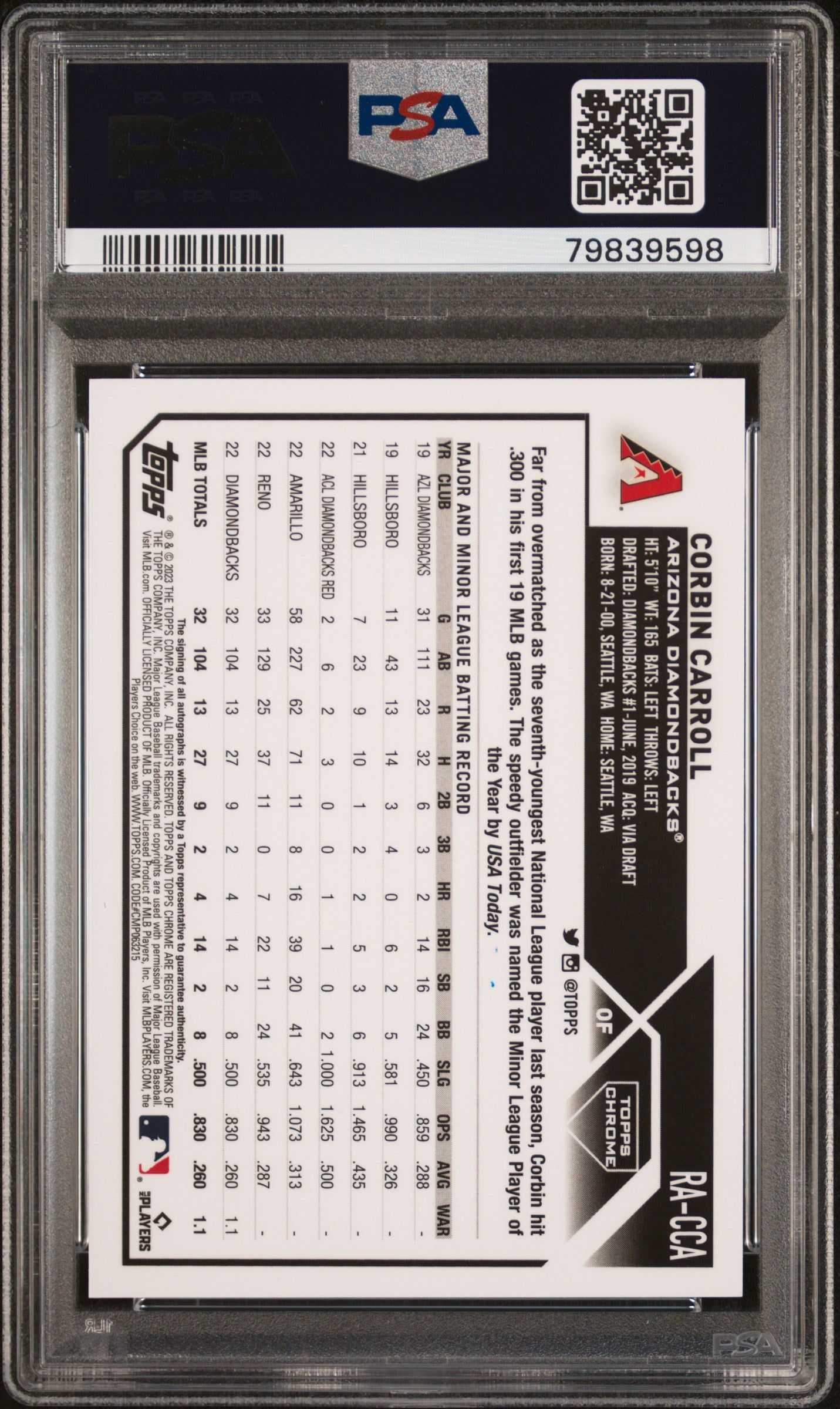 2023 Topps Chrome Rookie Autograph Corbin Carroll #RACCA Gold Wave 48/50 PSA 10