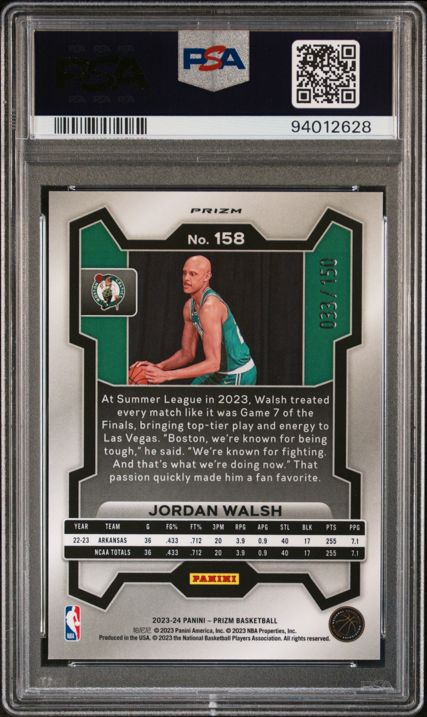 2023 Panini Prizm Jordan Walsh #158 Blue Fast Break RC 033/150 PSA 9