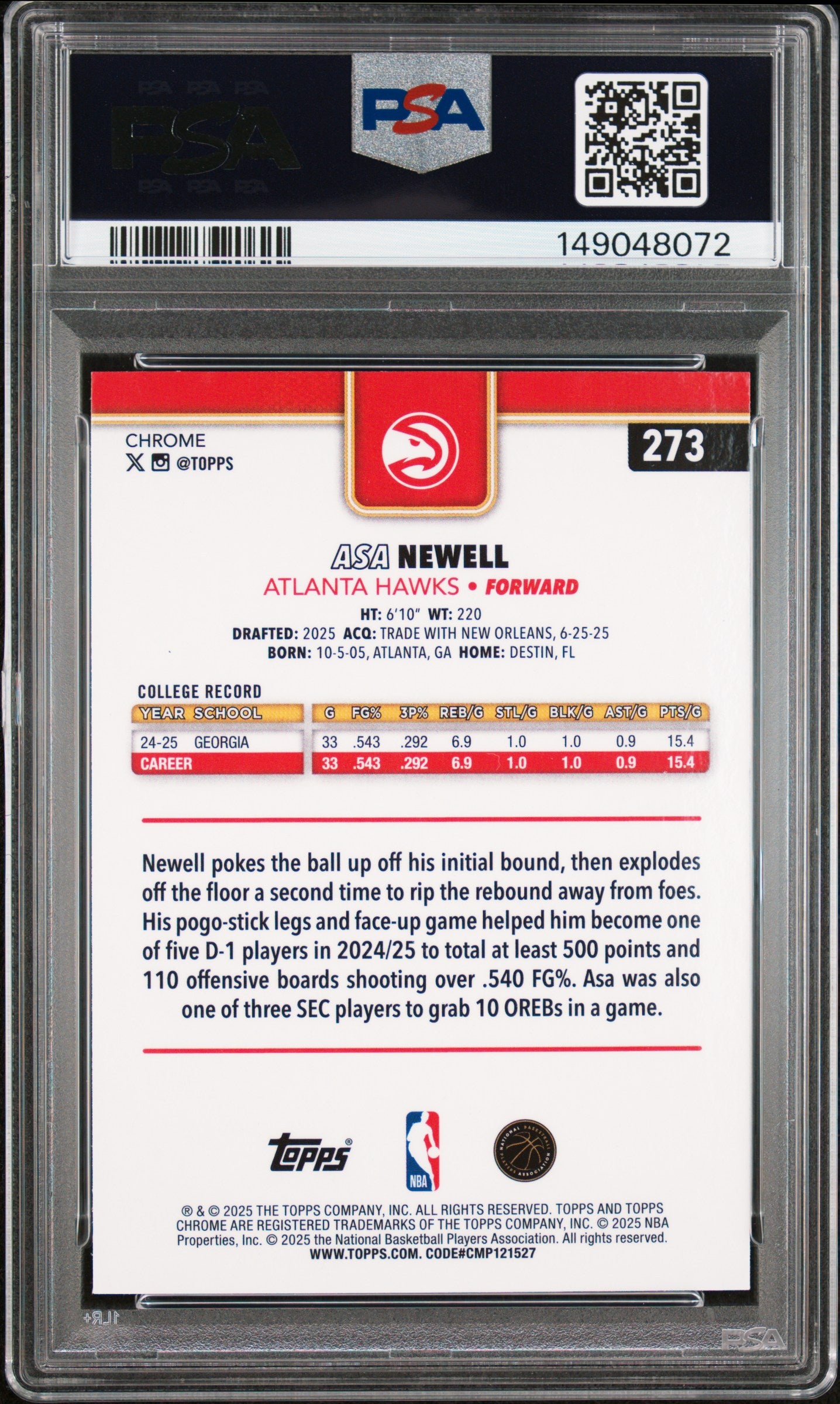 2025 Topps Chrome Asa Newell #273 Green Raywave 84/99 PSA 10