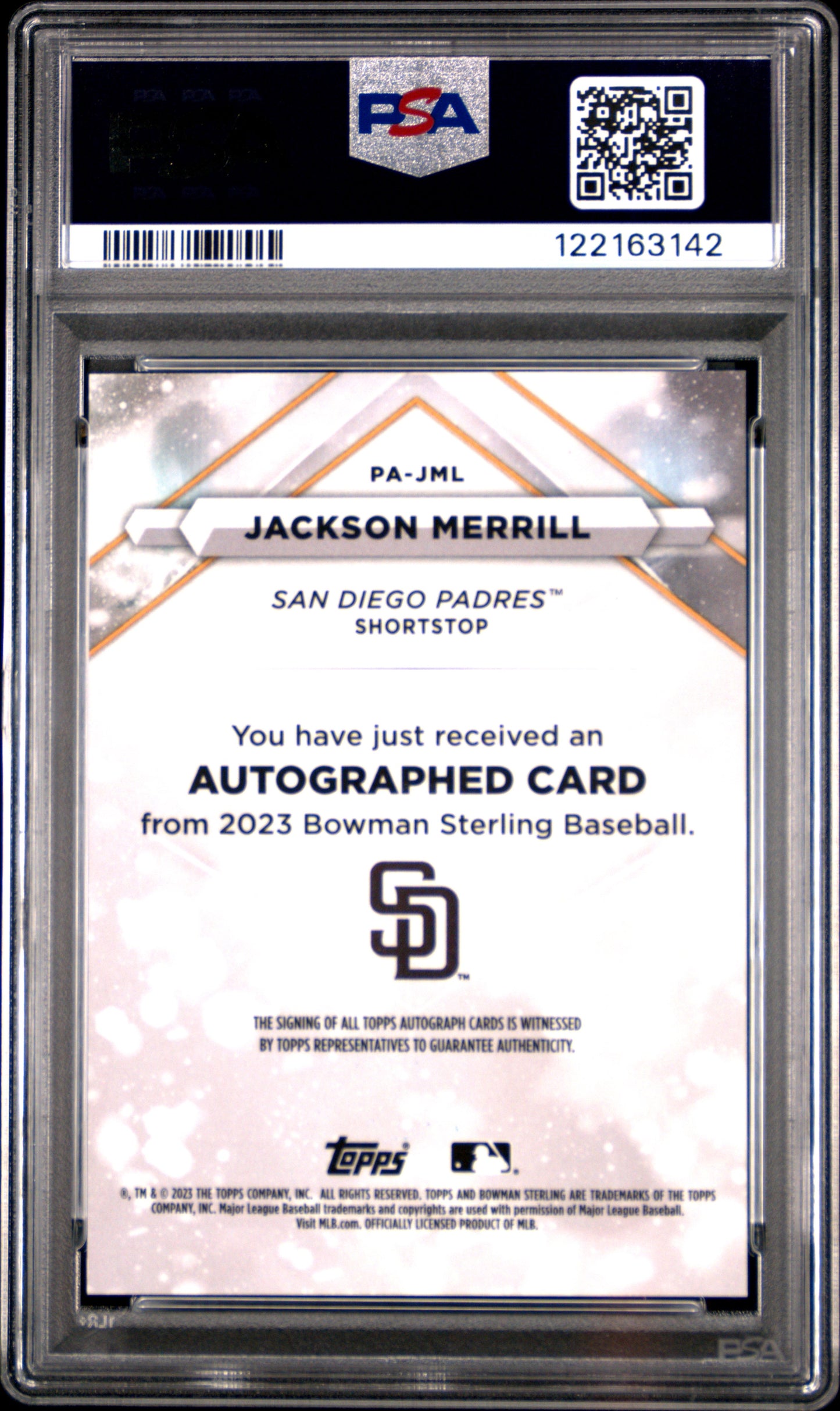 2023 Bowman Sterling Prospect Autographs Jackson Merrill #PAJML PSA 10