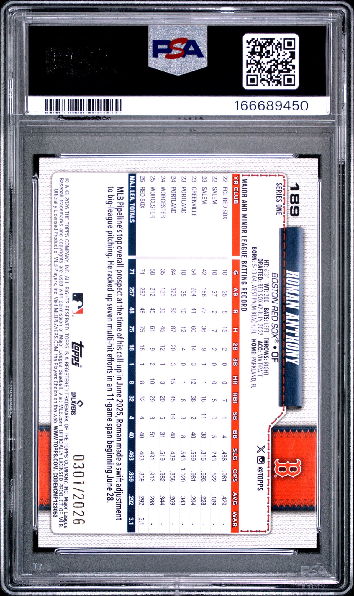 2026 Topps Roman Anthony #189 Gold 0301/2026 RC PSA 10