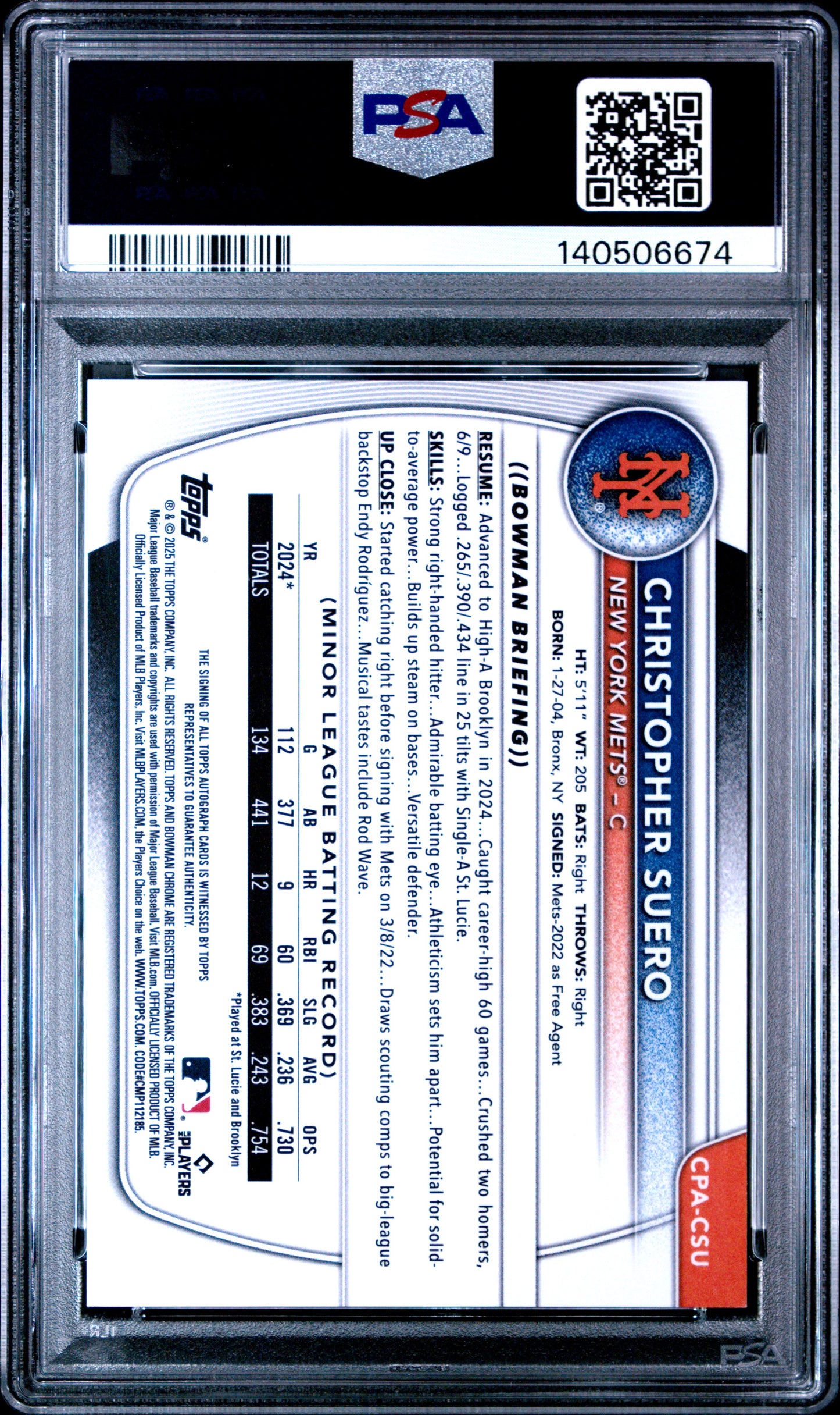 2025 Bowman Chrome Prospect Autos Christopher Suero #CPA-CSU Gold 24/50 PSA 8