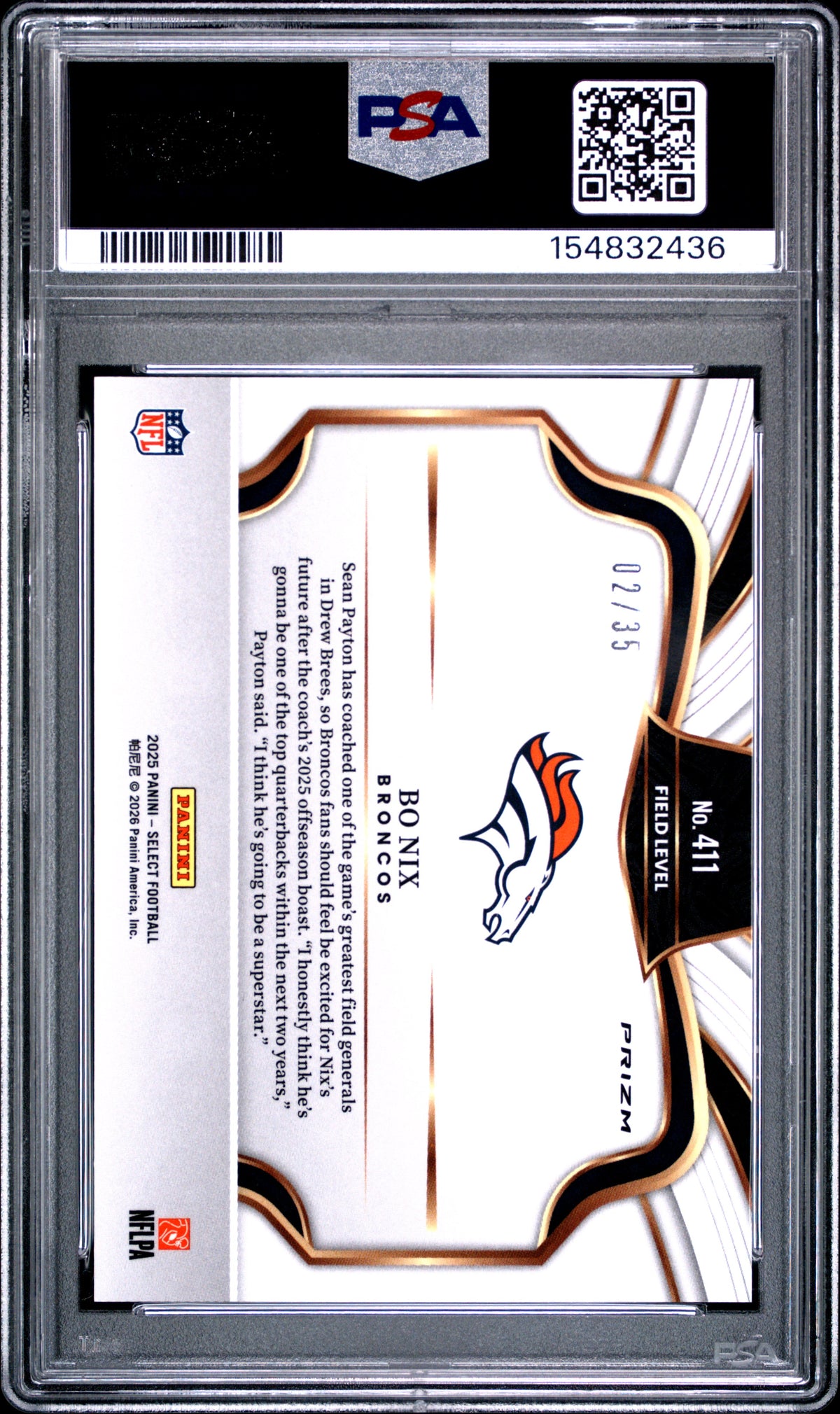 2025 Panini Select Bo Nix #411 White Prizm 02/35 PSA 9