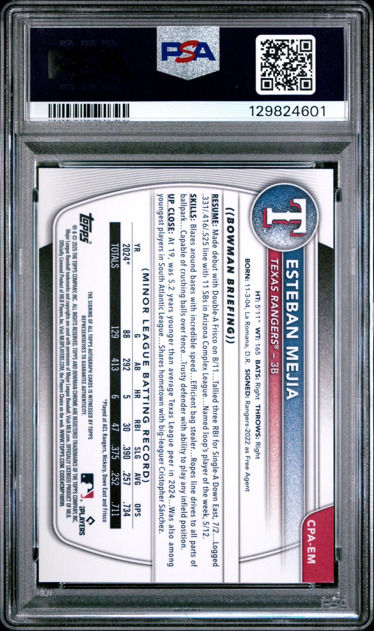 2025 Bowman Chrome Prospect Autographs Esteban Mejia Green Shimmer 39/99 PSA 10