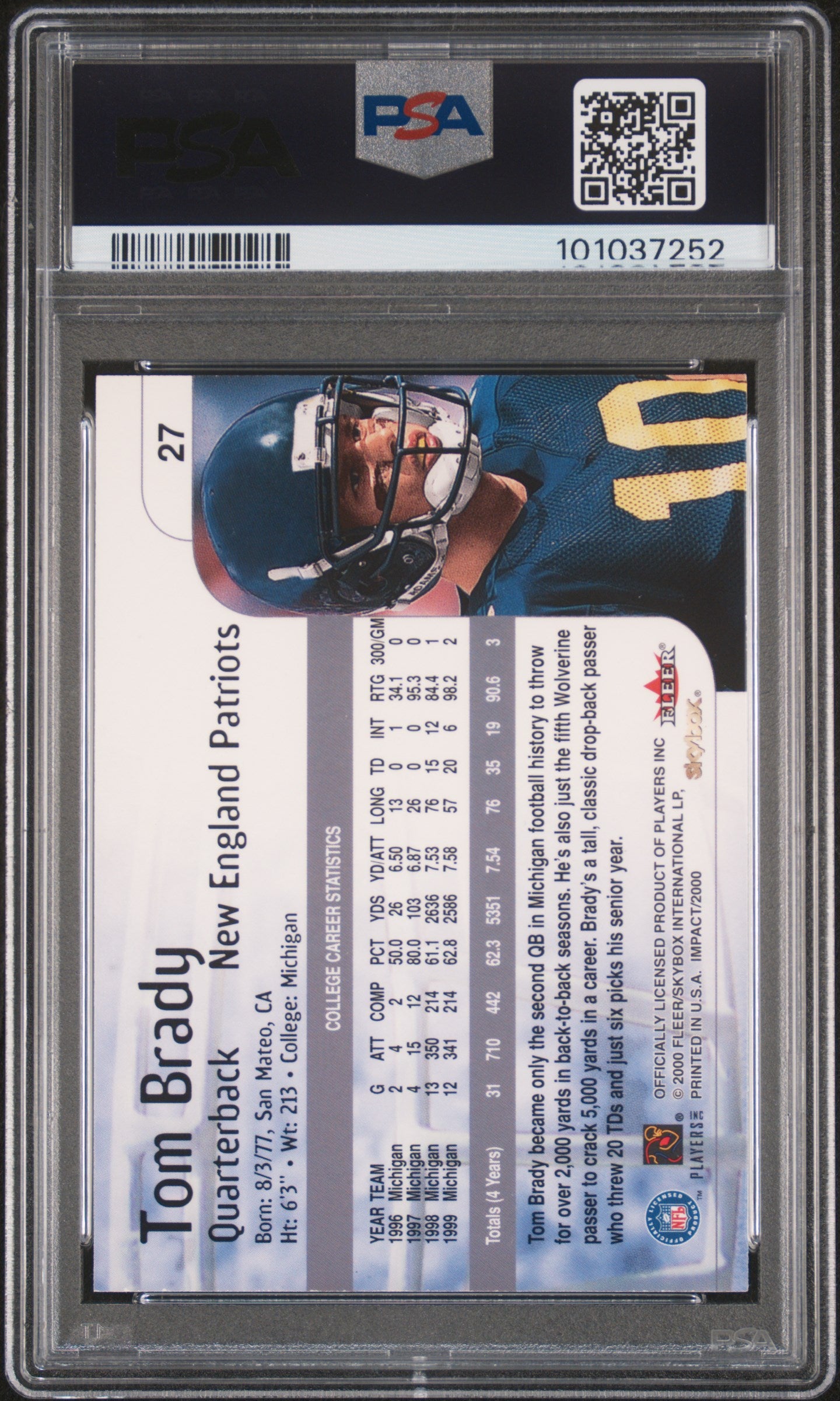 2000 Skybox Impact Tom Brady #27 PSA 8
