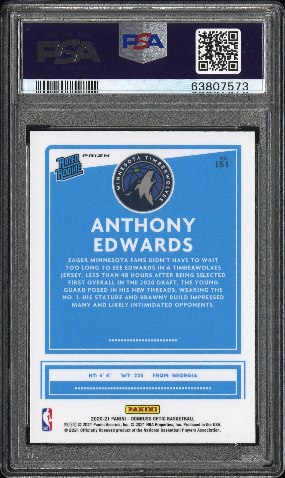 2020 Donruss Optic Rated Rookie Anthony Edwards #151 Green Pulsar PSA 10