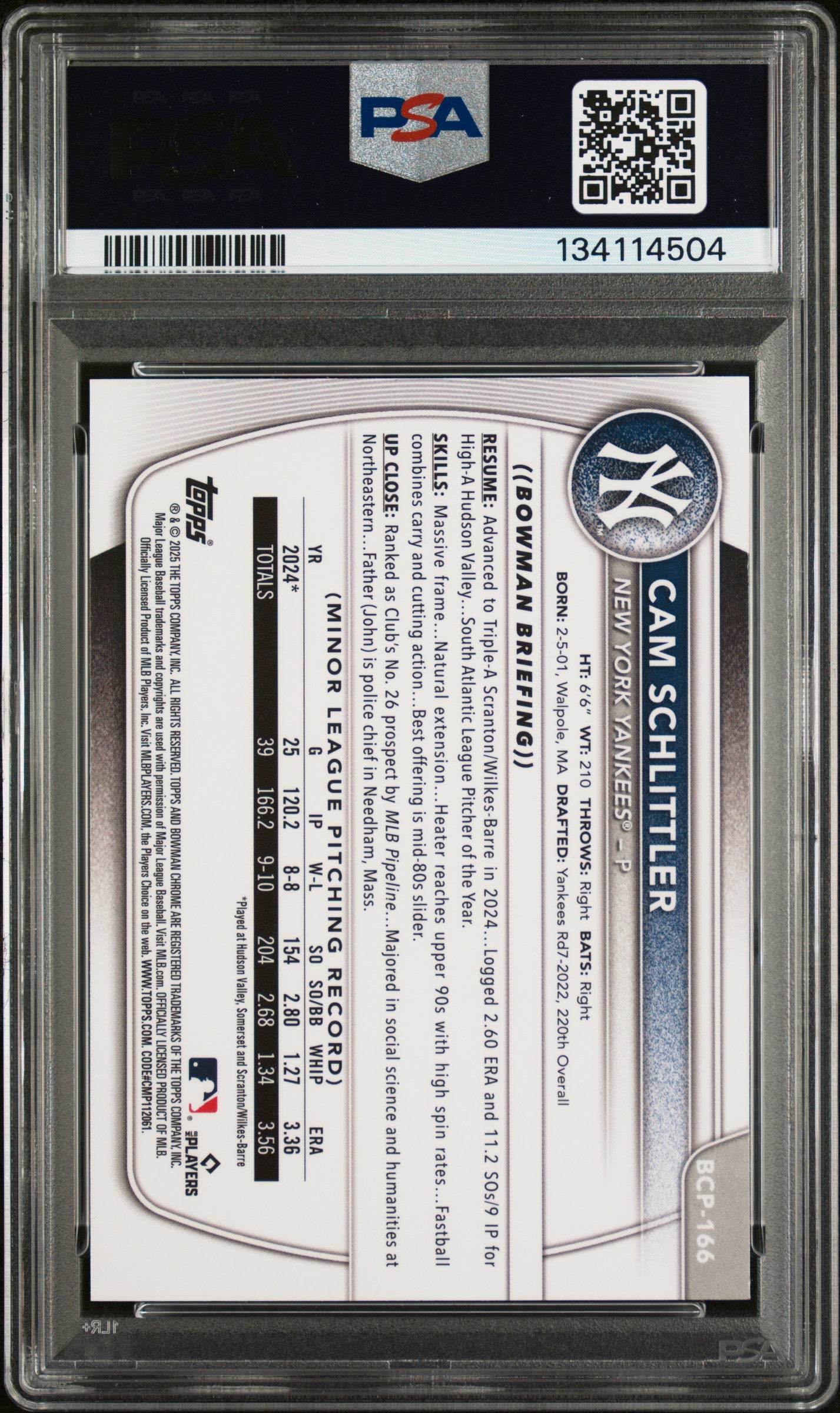 2025 Bowman Chrome Prospects Cam Schlittler #166 Purple Geometric 001/250 PSA 9