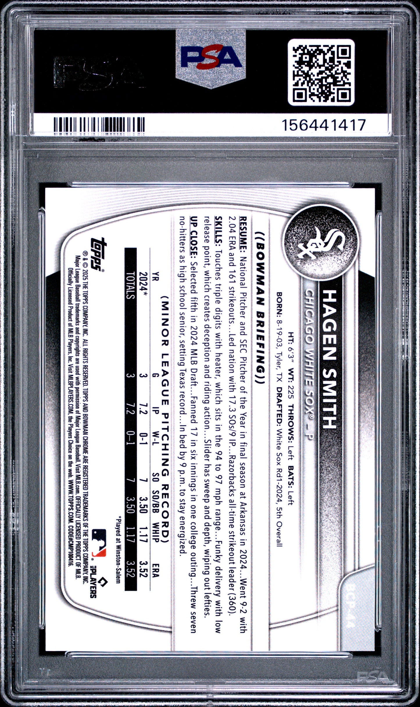 2025 Bowman Chrome Prospects Hagen Smith #BCP44 Orange Geometric 14/25 PSA 10
