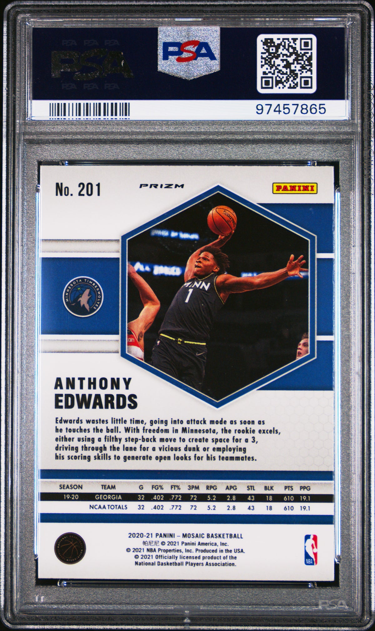 2020 Panini Mosaic Anthony Edwards #201 Green RC PSA 9