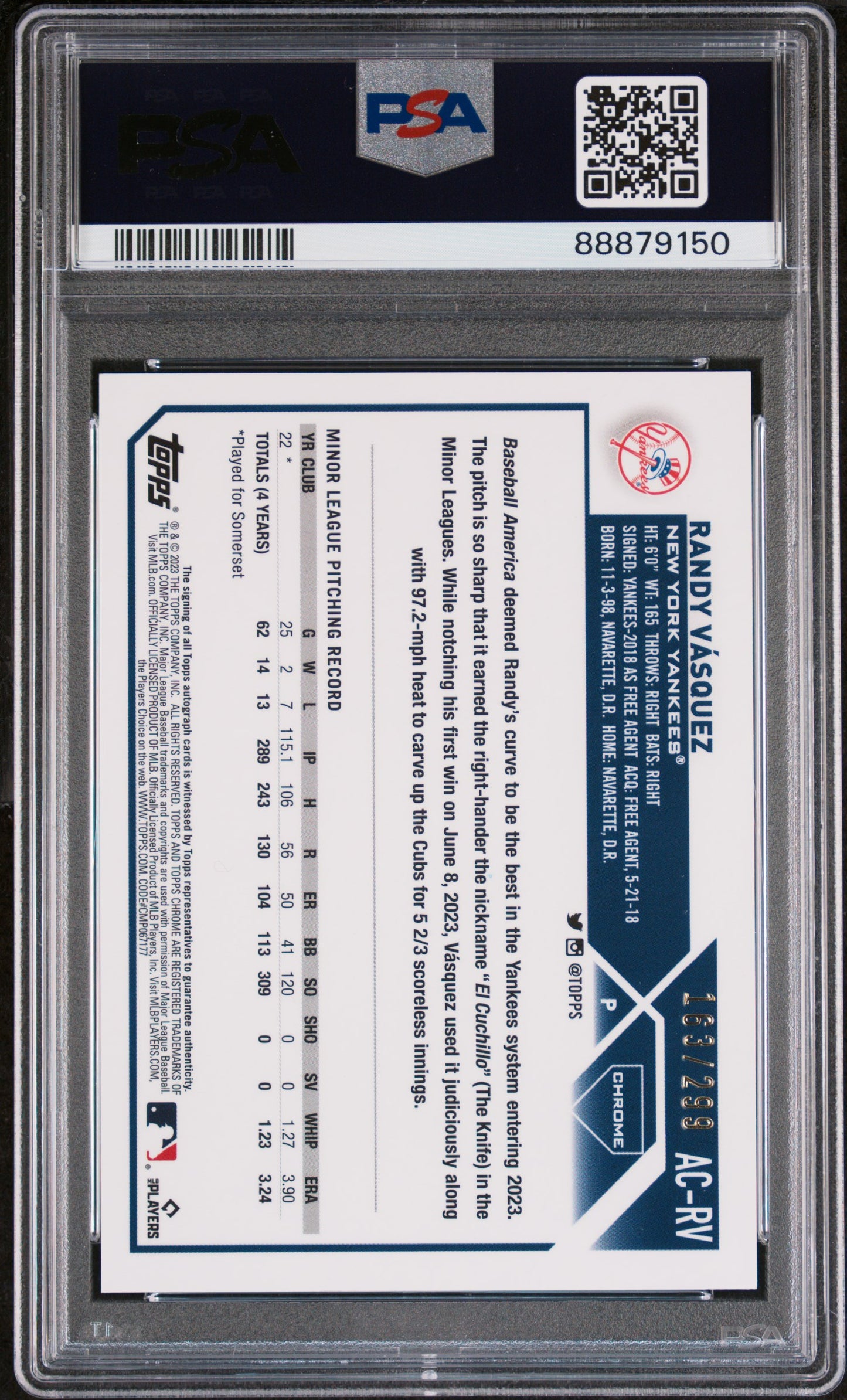 2023 Topps Chrome Update Auto Randy Vasquez #ACRV Purple Speckle 163/299 PSA 8
