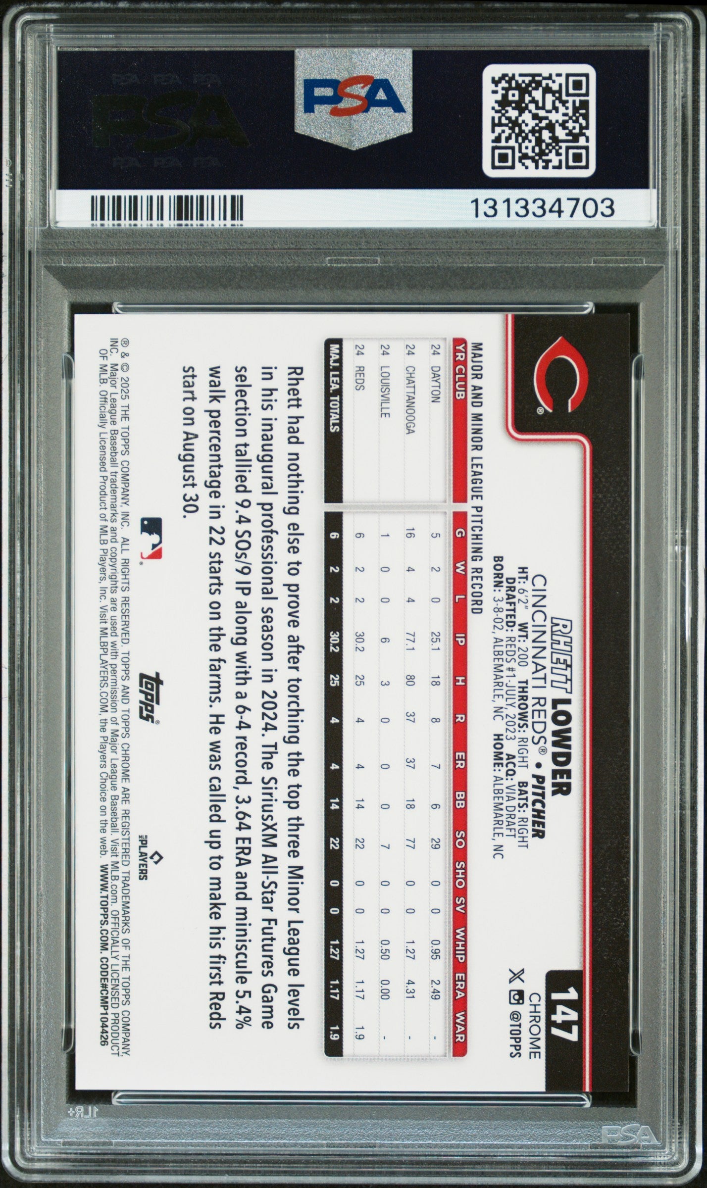 2025 Topps Chrome Sapphire Rhett Lowder #147 Black 01/10 PSA 9