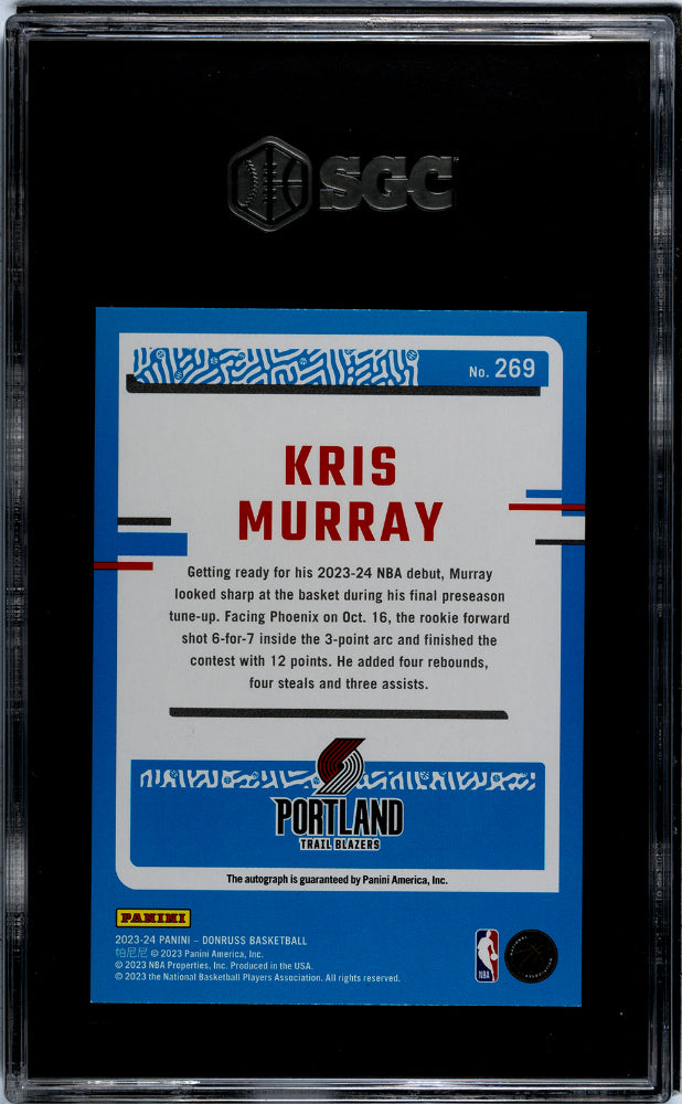 2023 Donruss Kris Murray #269 Autograph Choice SGC 10 Auto 10