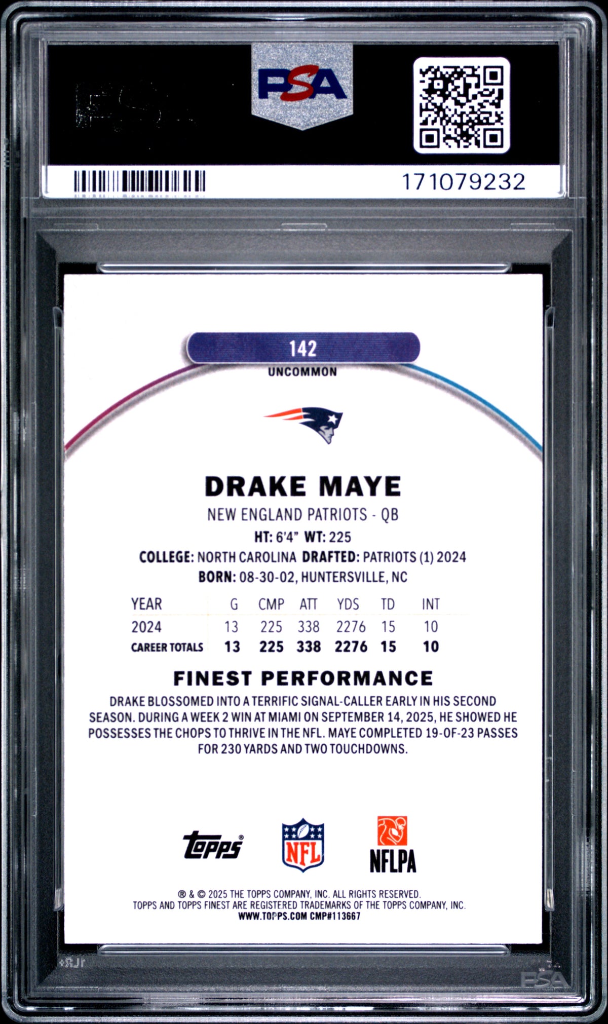 2025 Topps Finest Drake Maye #142 Purple Refractor 129/200 PSA 9