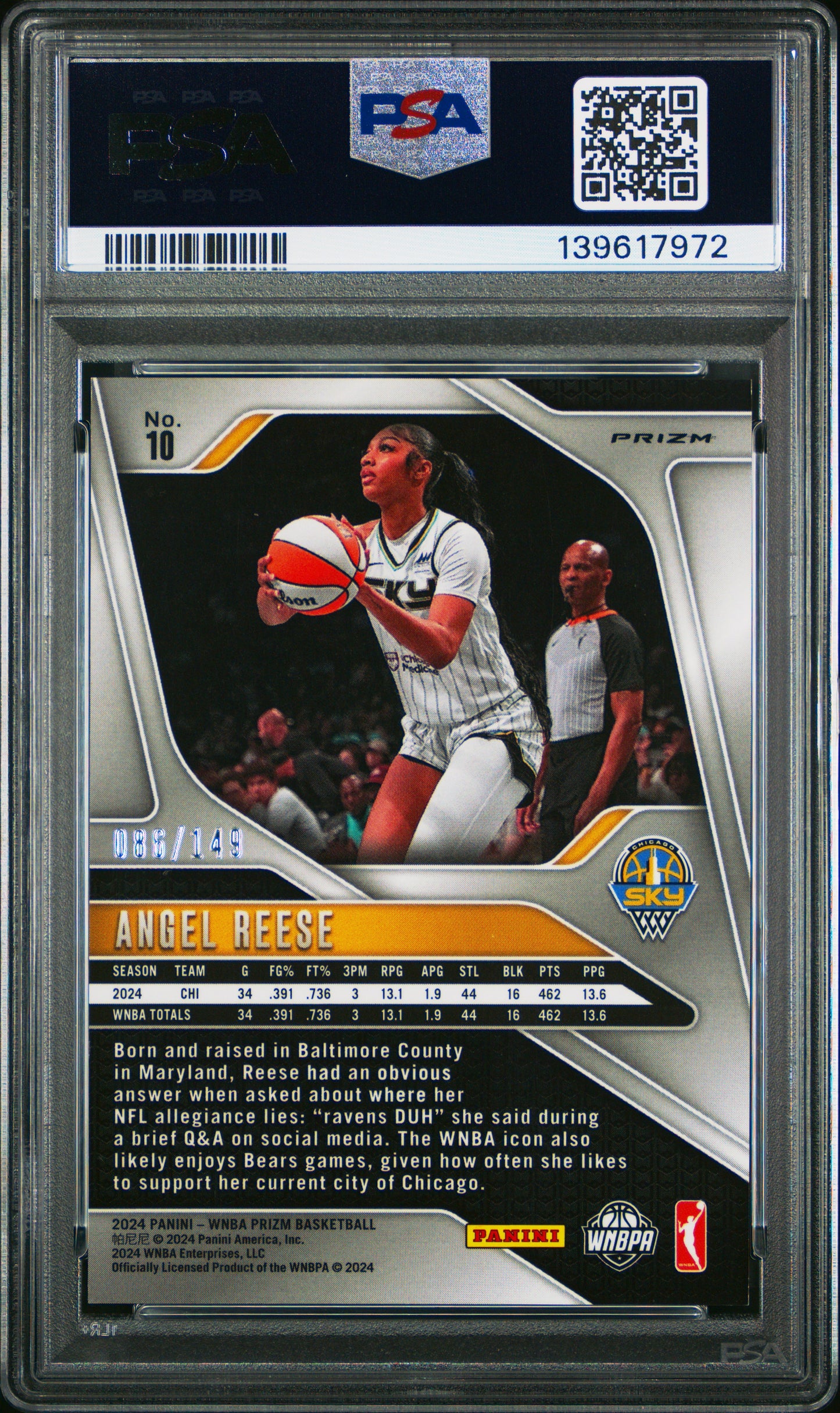 2024 Panini Prizm WNBA Angel Reese #10 Purple RC 086/149 PSA 9