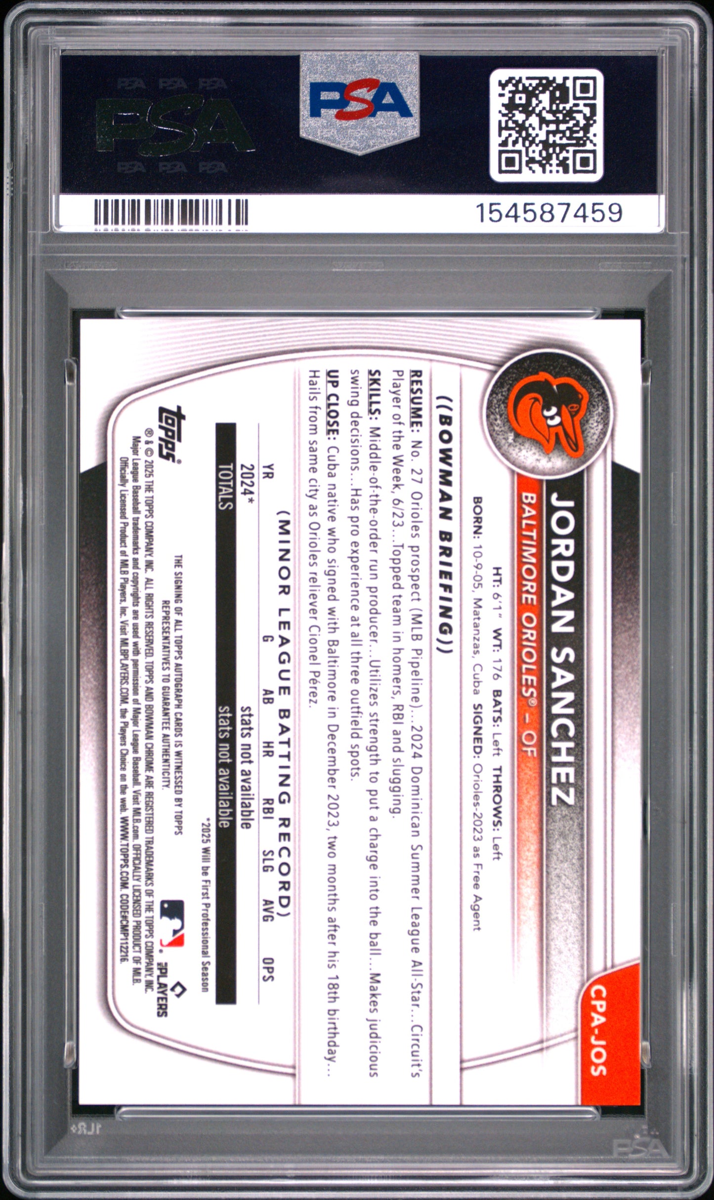 2025 Bowman Chrome Prospect Autographs Jordan Sanchez #JOS Purple 011/250 PSA 10