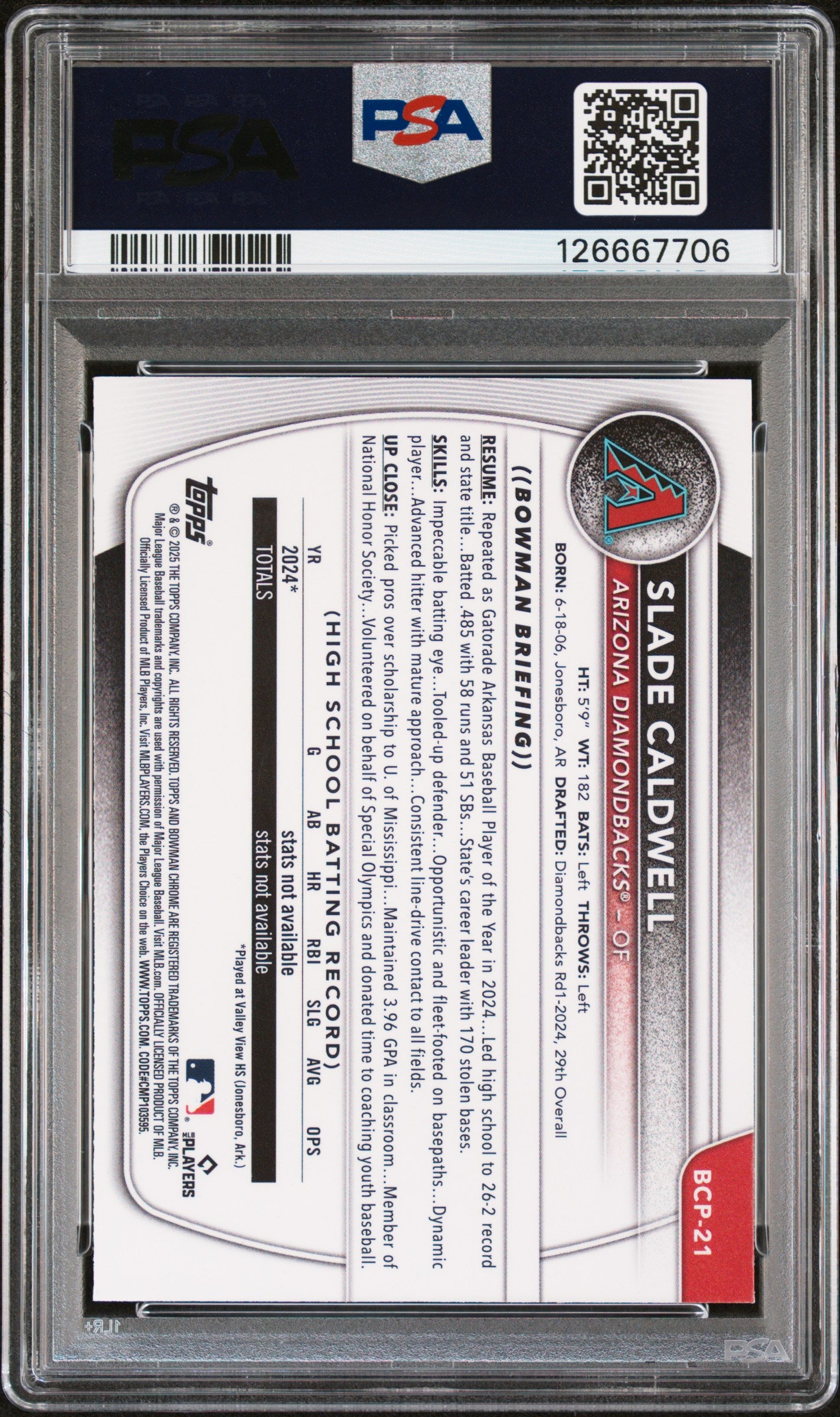 2025 Bowman Mega Box Chrome Prospects Slade Caldwell #21 Image Variation PSA 10