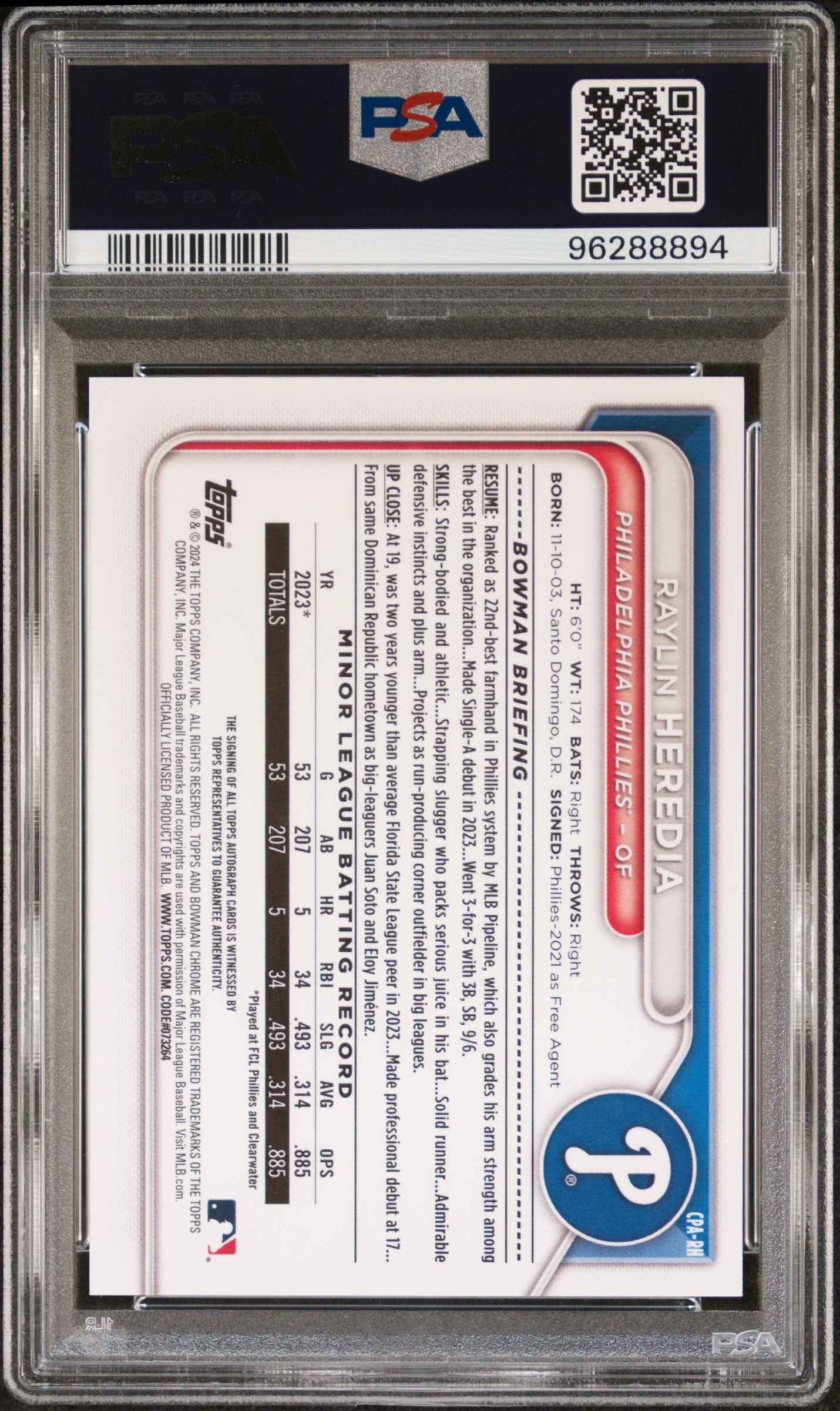 2024 Bowman Chrome Prospect Autographs Raylin Heredia #RH Org Wave 01/25 PSA 10
