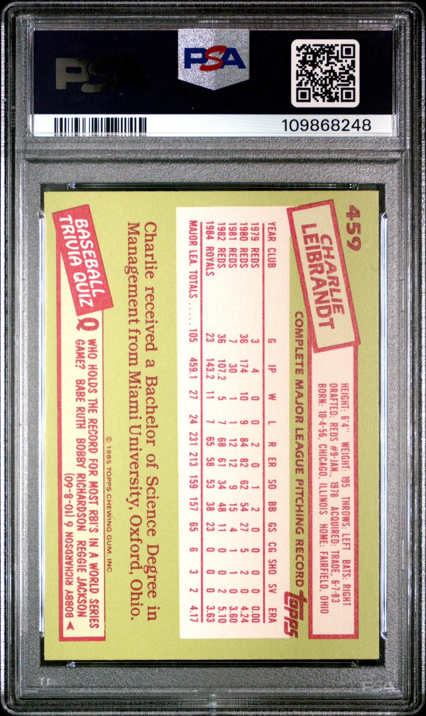 1985 Topps Tiffany Charlie Leibrandt #459 PSA 10