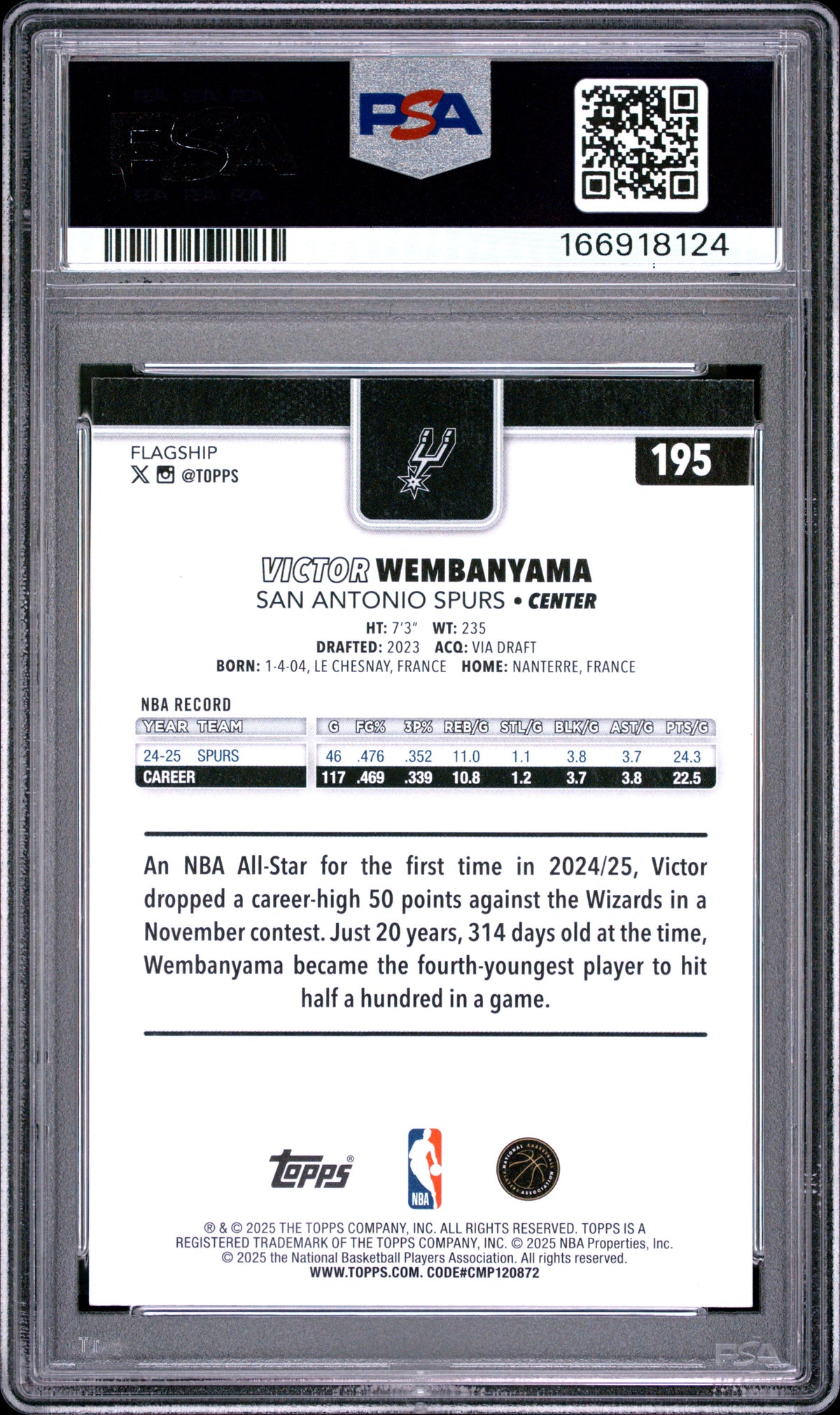 2025 Topps Victor Wembanyama #195 Gold 1286/2025 PSA 9