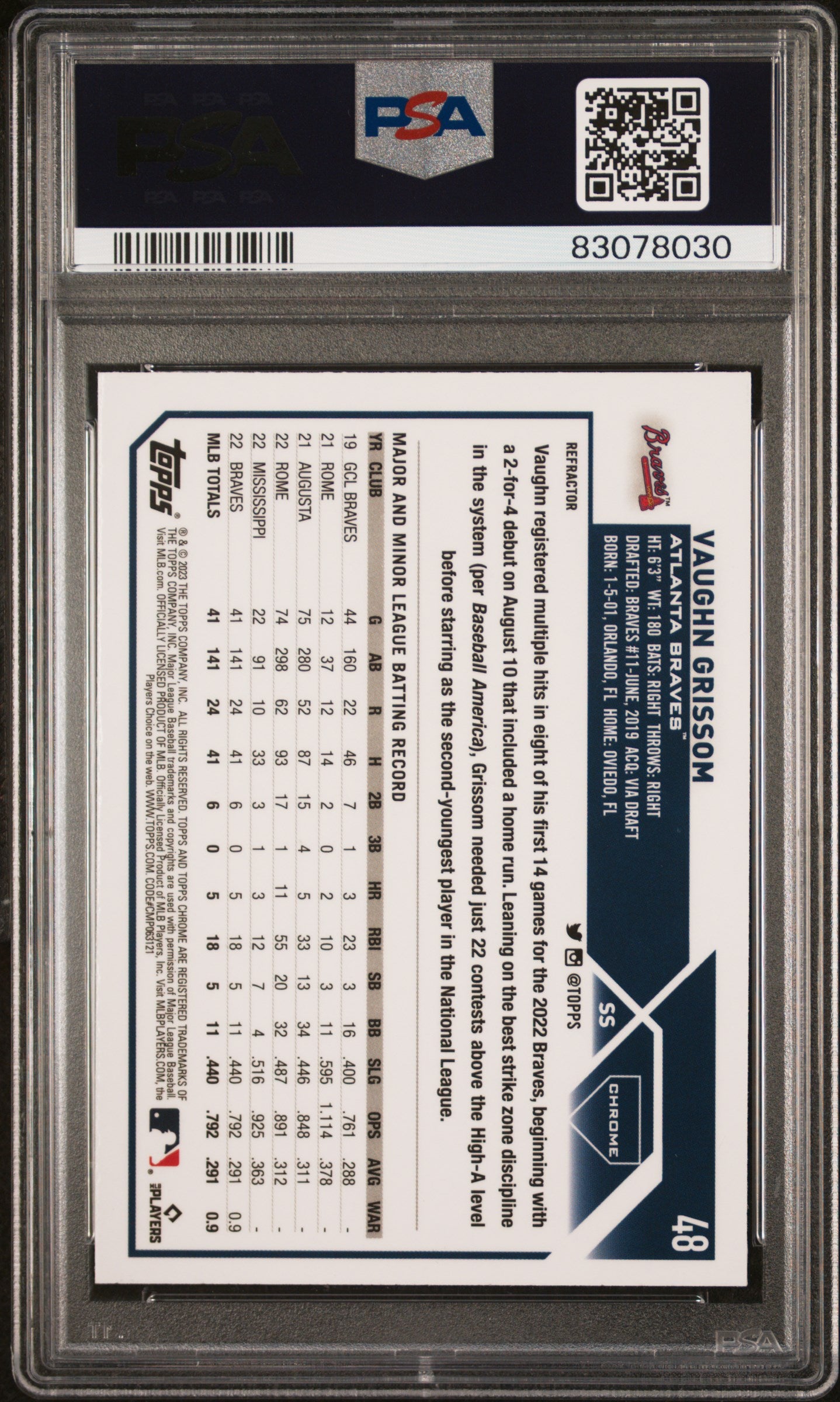2023 Topps Chrome Vaughn Grissom #48 Refractor PSA 10