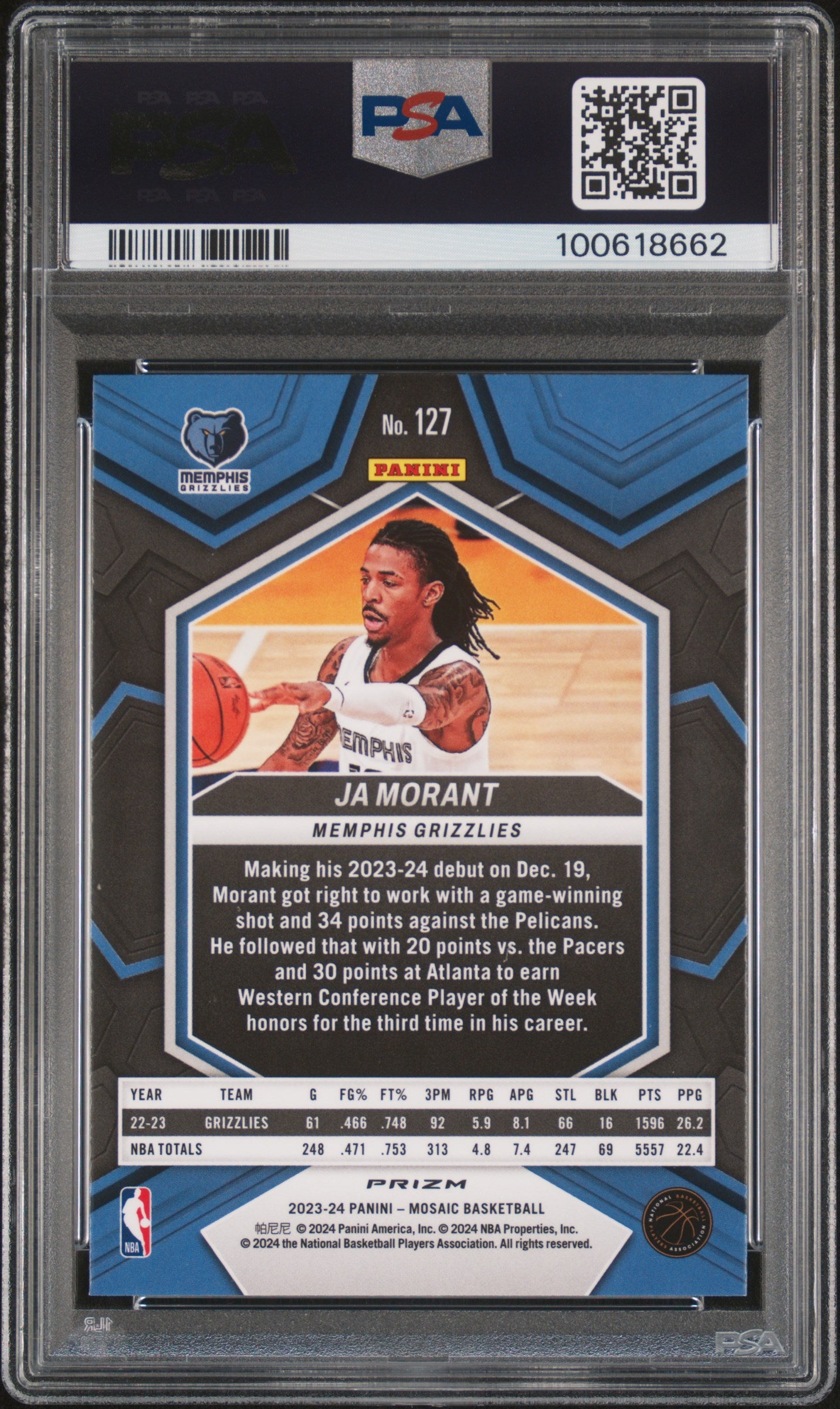 2023 Panini Mosaic Ja Morant #127 White Sparkle PSA 10