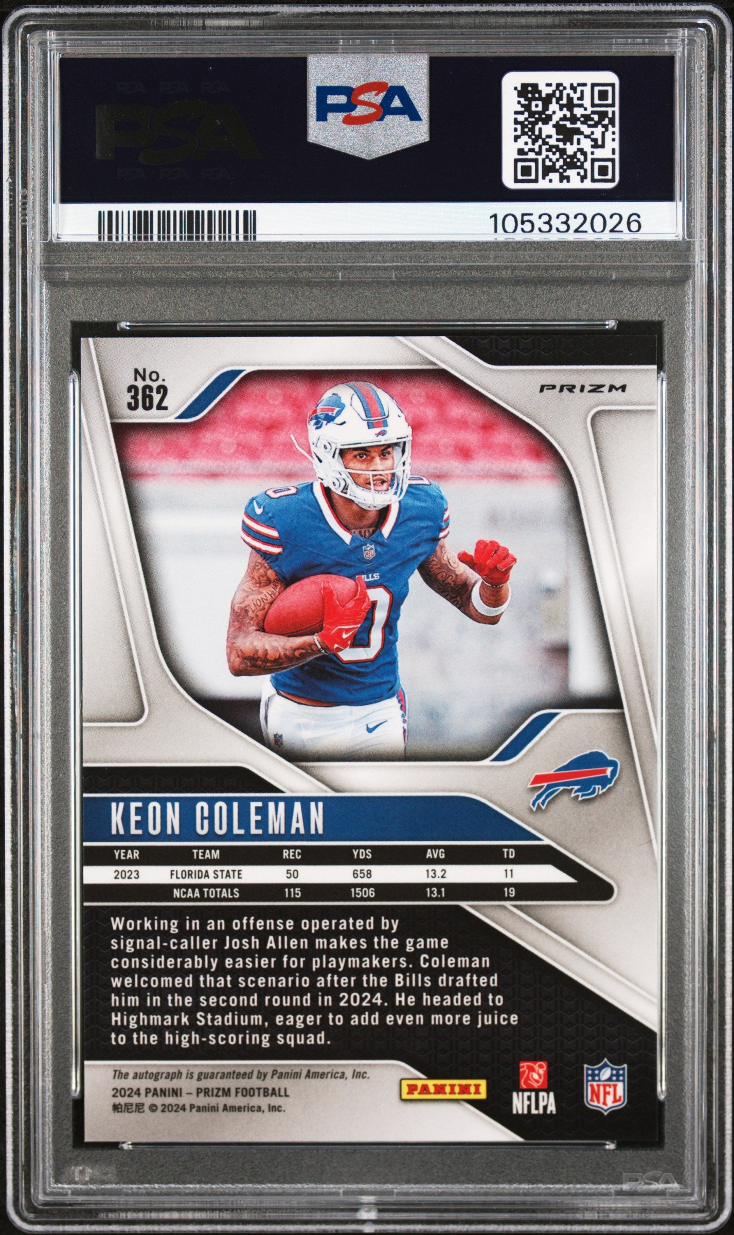 2024 Panini Prizm Keon Coleman #362 Autograph No Huddle RC PSA 10