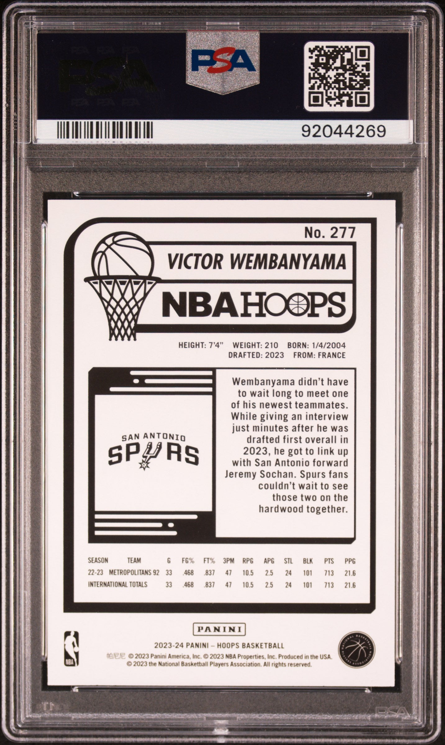 2023 NBA Hoops Victor Wembanyama #277 RC PSA 10