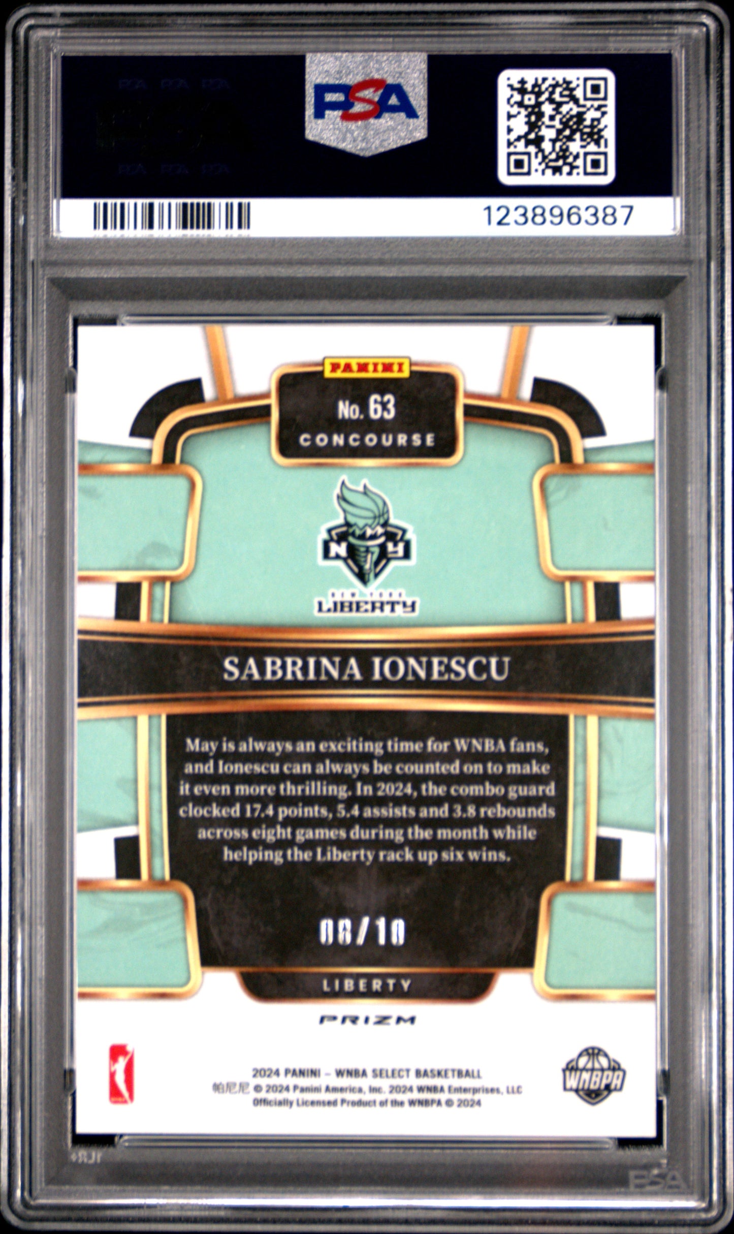 2024 Panini Select WNBA Sabrina Ionescu #63 Gold Prizm 08/10 PSA 10