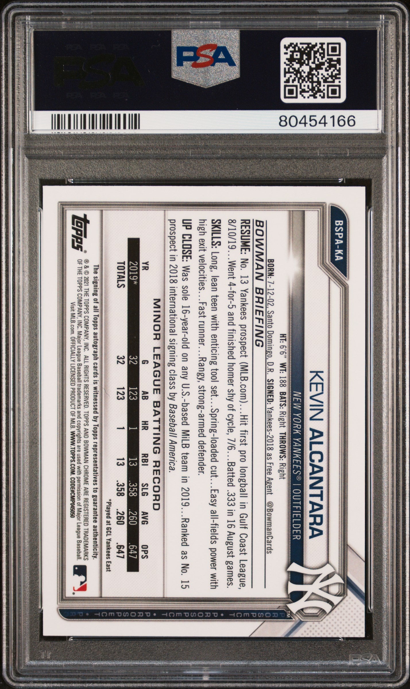 2021 Bowman Chrome Sapphire Edition Autographs Kevin Alcantara #BSPA-KA PSA 10