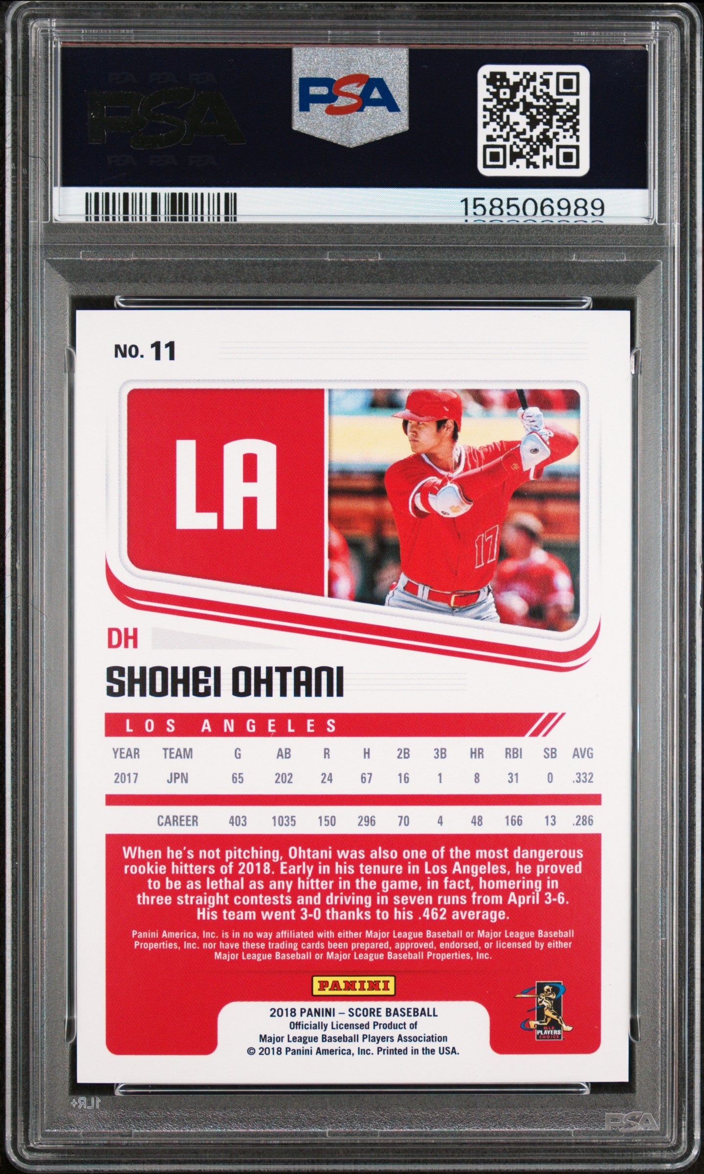 2018 Panini Score Shohei Ohtani #11 Gold Zone RC 84/99 PSA 9
